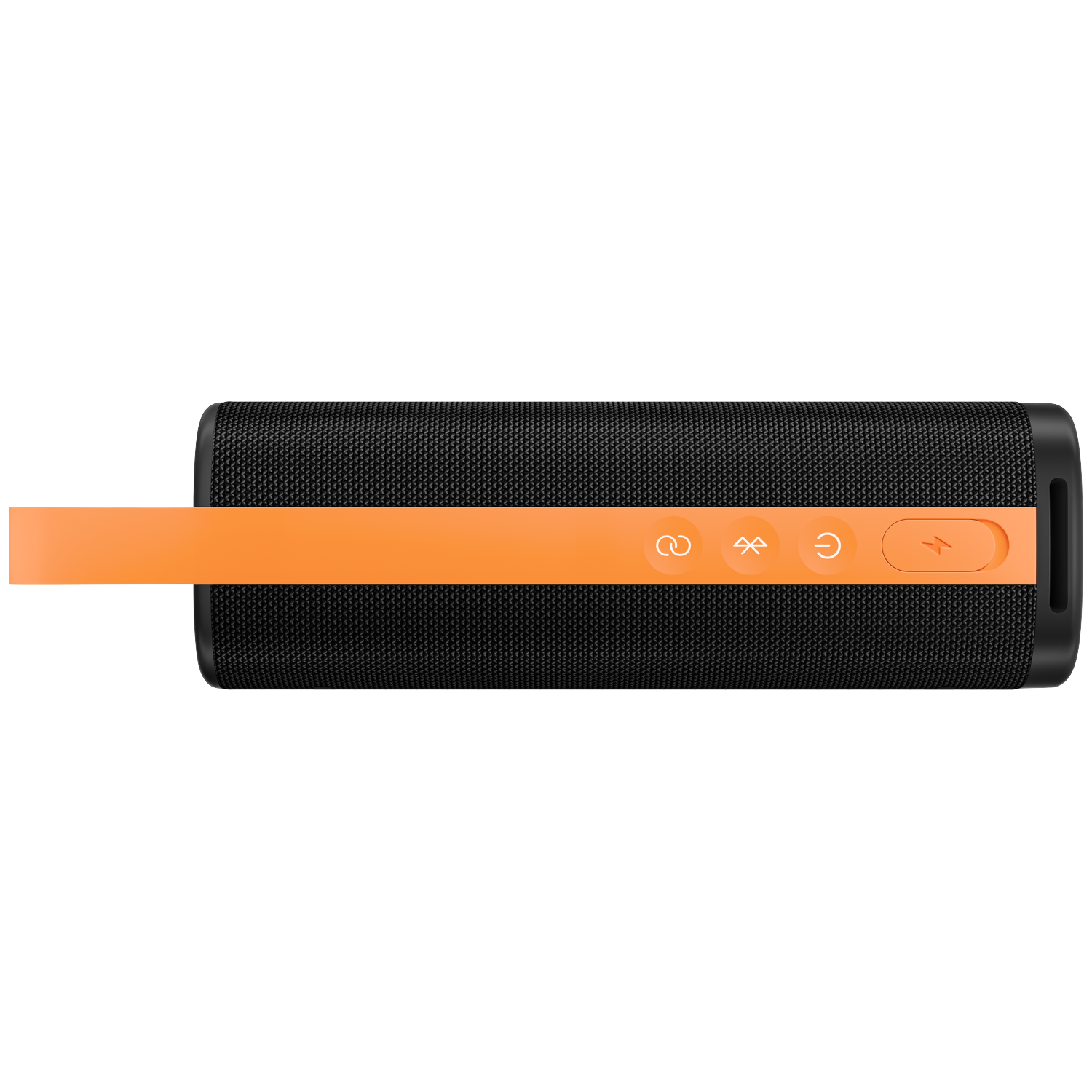 Een zwarte cilindrische luidspreker met een oranje band en knoppen. De knoppen omvatten aan/uit, Bluetooth en volumeregeling.
