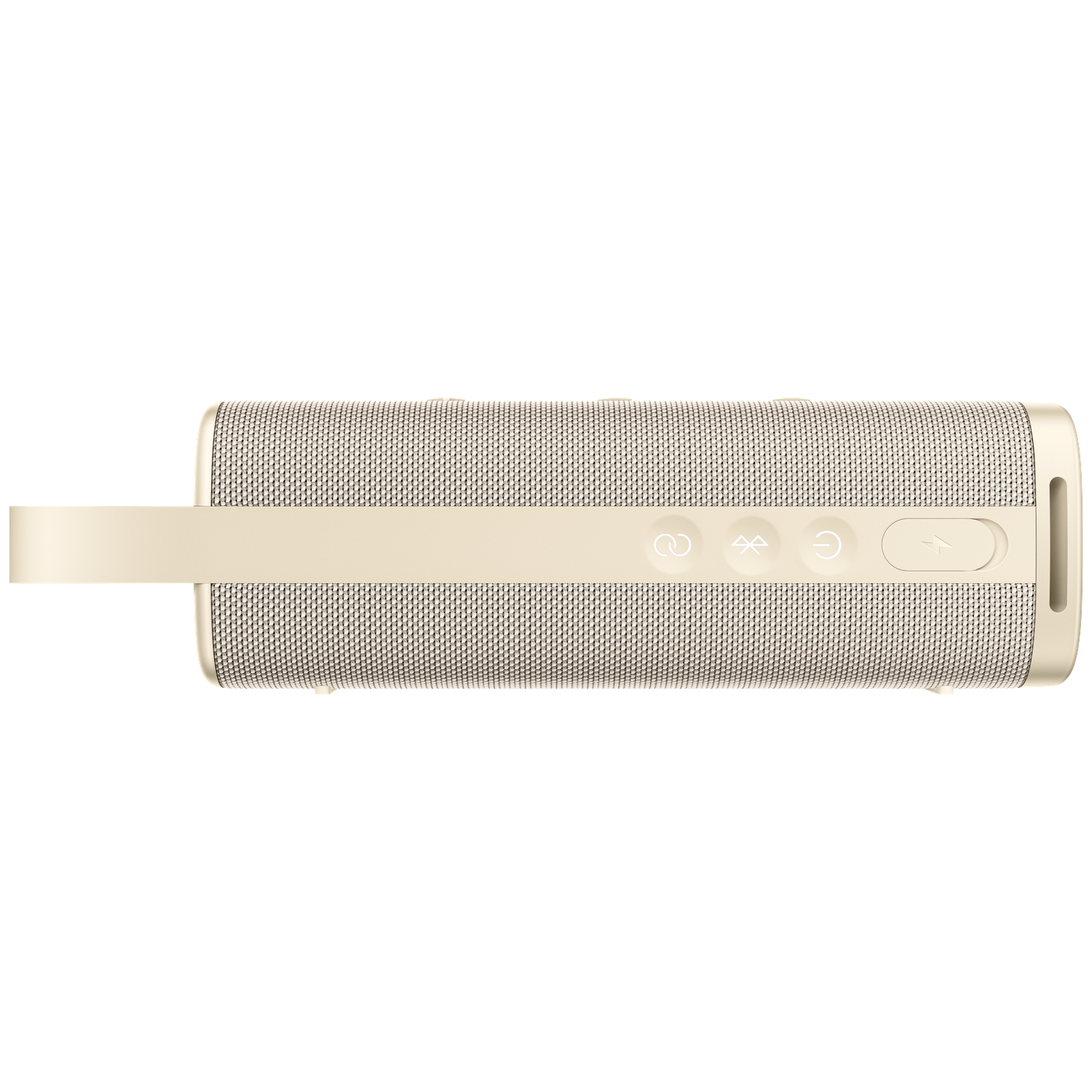 Een beige cilindrische luidspreker met een riem. Het heeft bedieningsknoppen en een luidsprekercover van gaas. De achtergrond is wit.