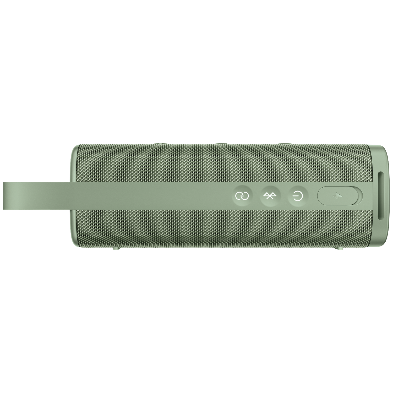 A light green cylindrical speaker with a handle. It has control buttons and a mesh-like surface.