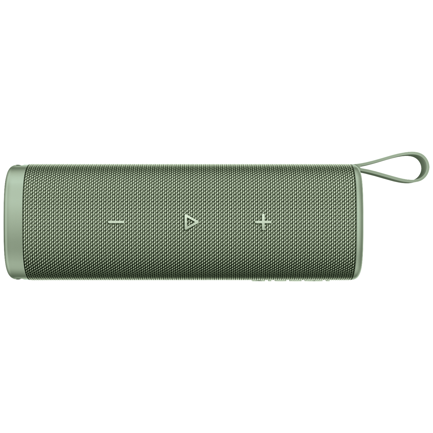 A cylindrical, olive-green speaker with a fabric mesh. It has control buttons and a loop for carrying. Isolated on white background.