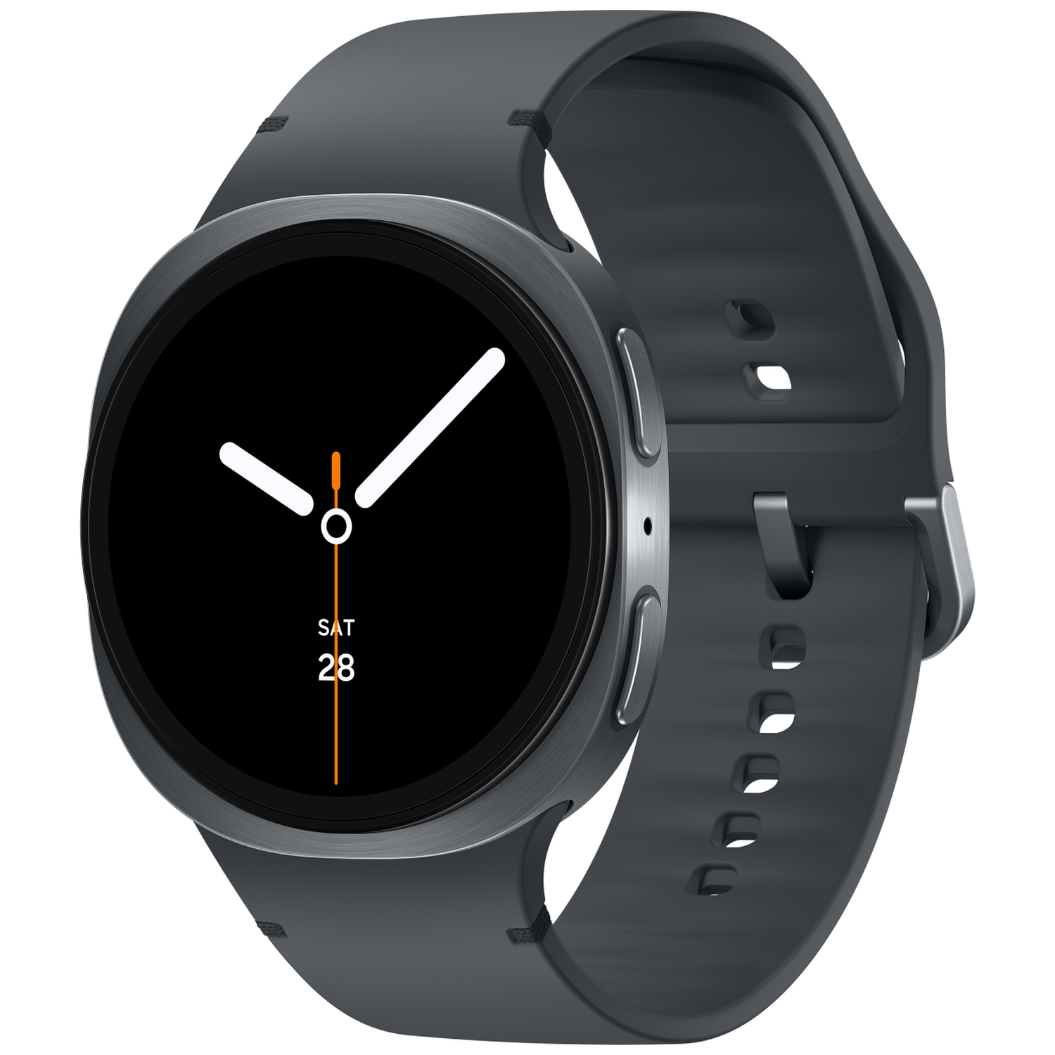 A dark gray smartwatch with a black screen showing the date and time. The watch has a dark gray strap.