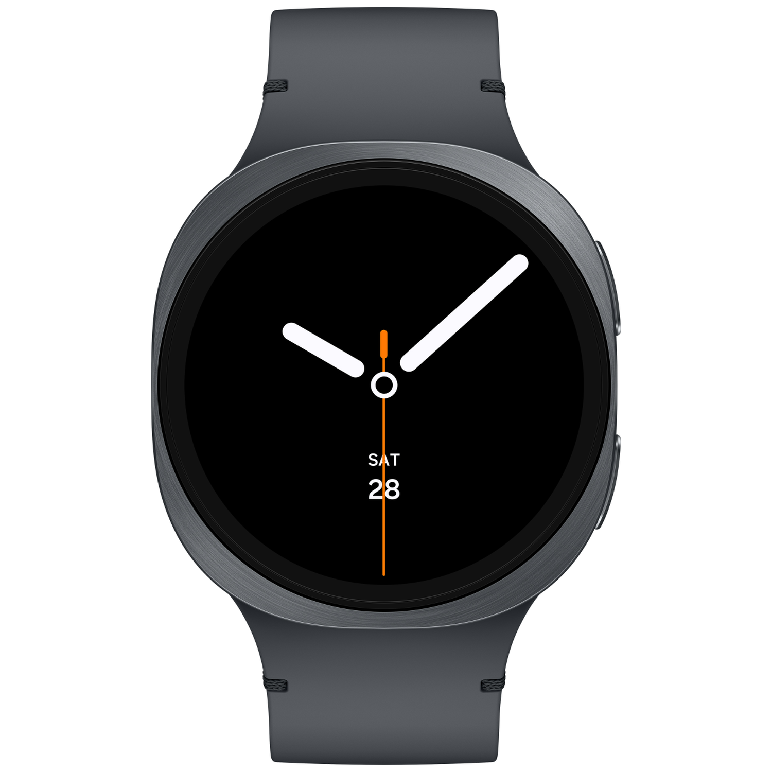 A smartwatch with a black screen. White hands indicate time. The date is Saturday 28. The watchband and frame are grey.