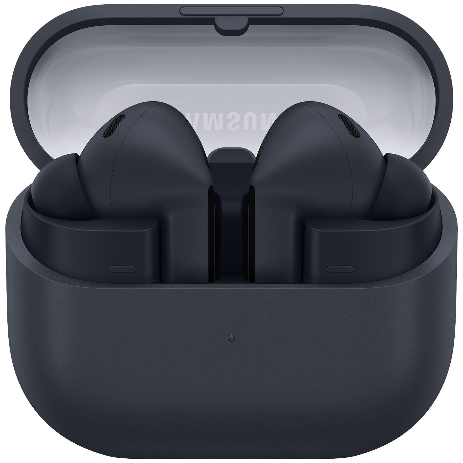 Dark blue wireless earbuds in their open case. Inside the case are the earbuds, and the lid is open.