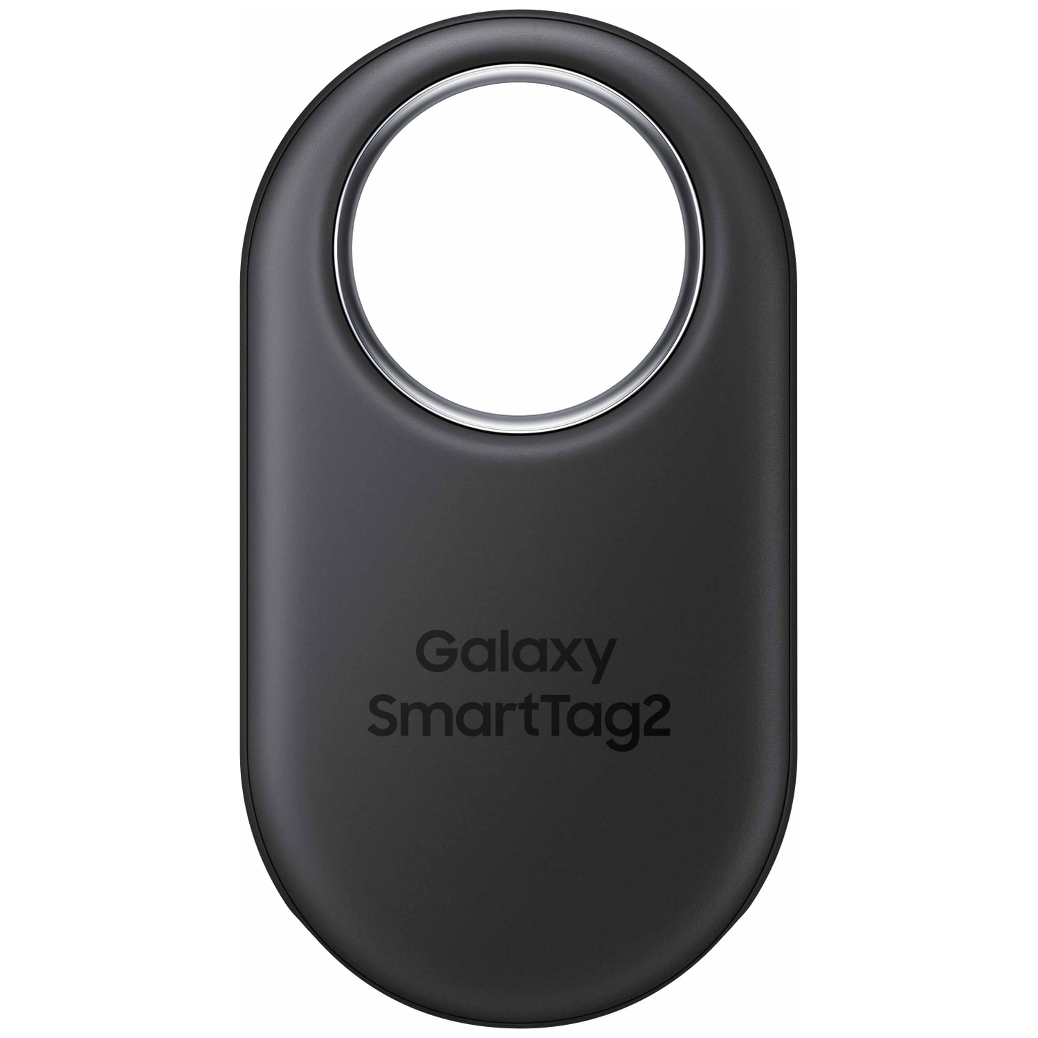Black Samsung Galaxy SmartTag2, oval shape with a hole at the top. Silver ring around the hole.