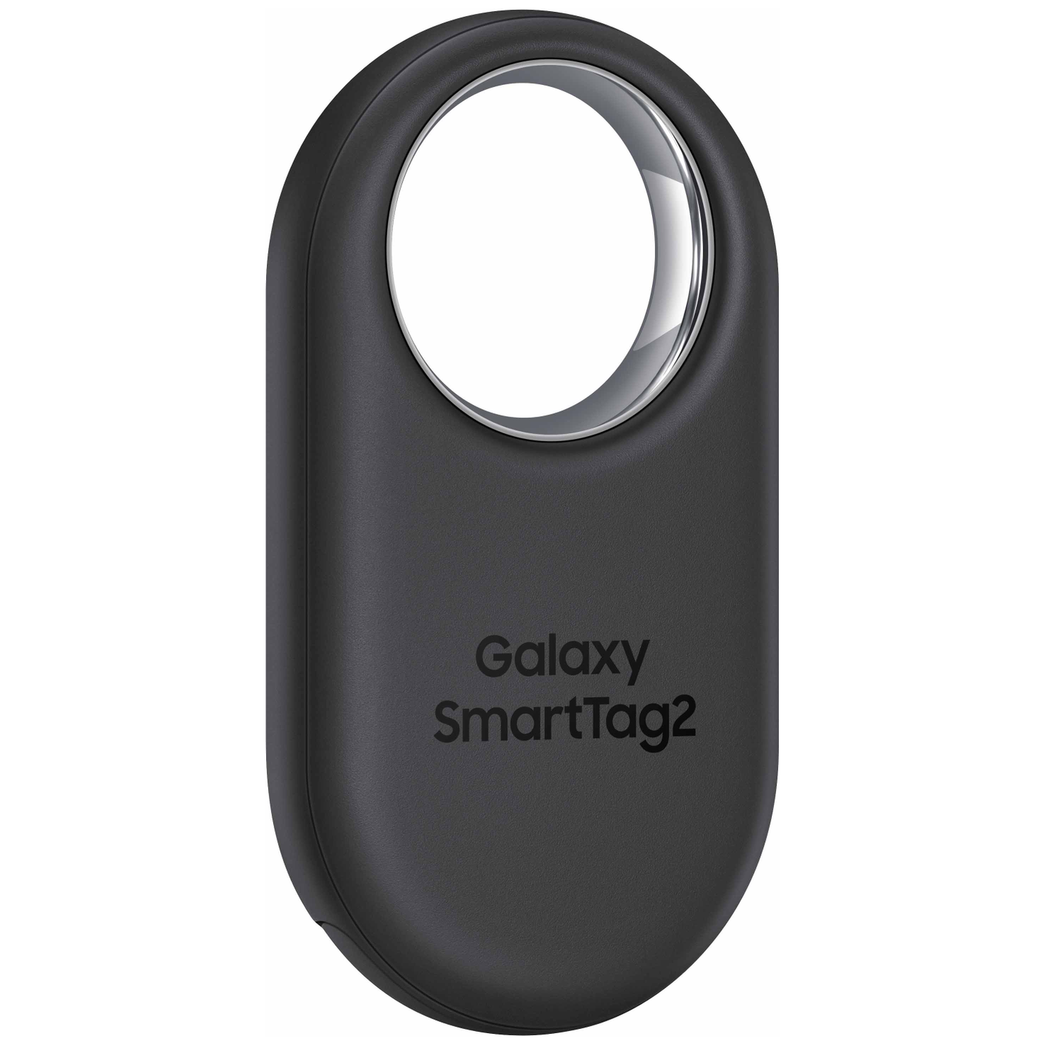 A dark gray Galaxy SmartTag2 device. It is oval with a circular hole at the top. The text "Galaxy SmartTag2" is visible.