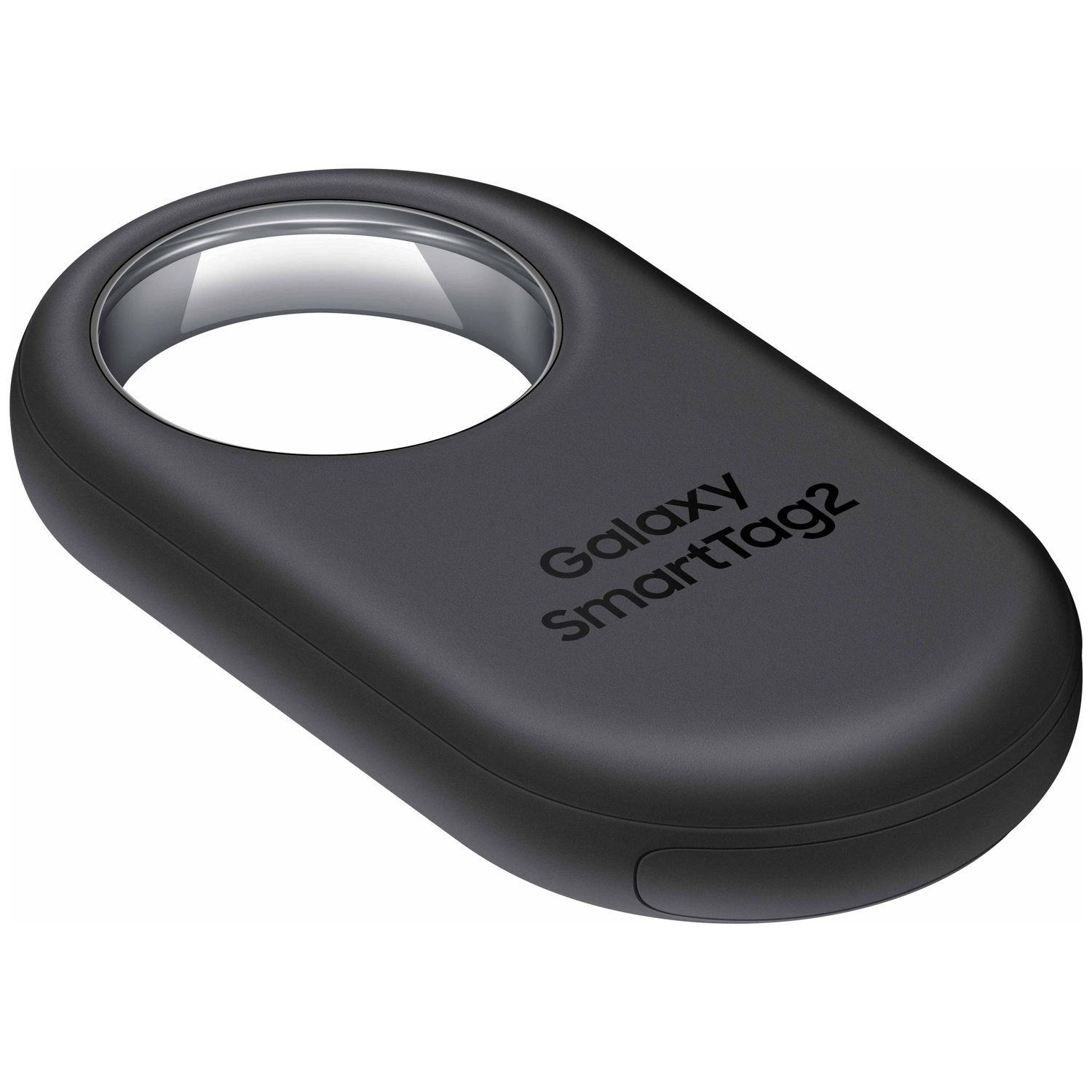 A black Galaxy SmartTag2 tracker. It has an oval shape with a hole. The text 'Galaxy SmartTag2' is printed on the surface.