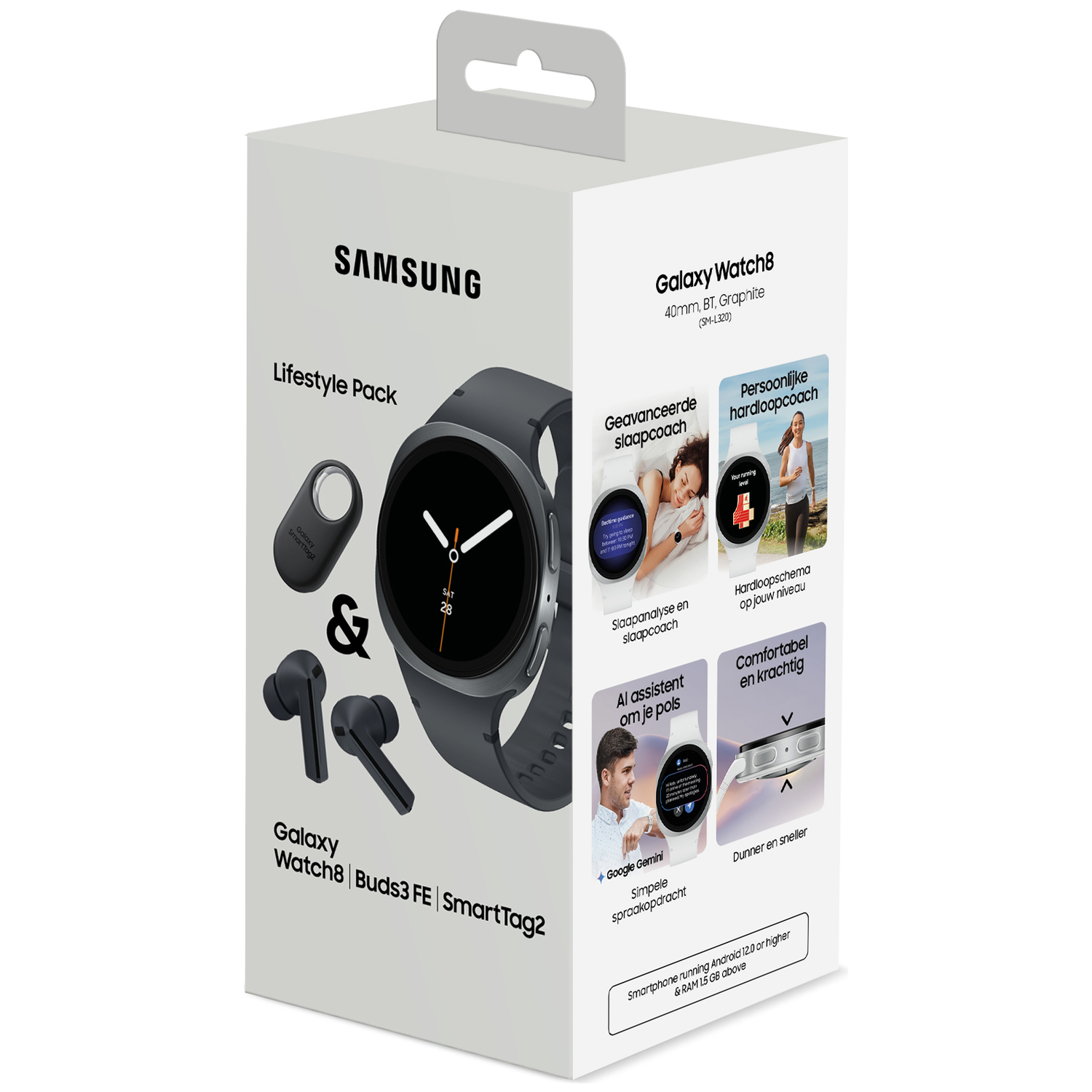 A Samsung Galaxy Watch8 package. It includes a smartwatch, earbuds, and a SmartTag2. The box has product details and features.