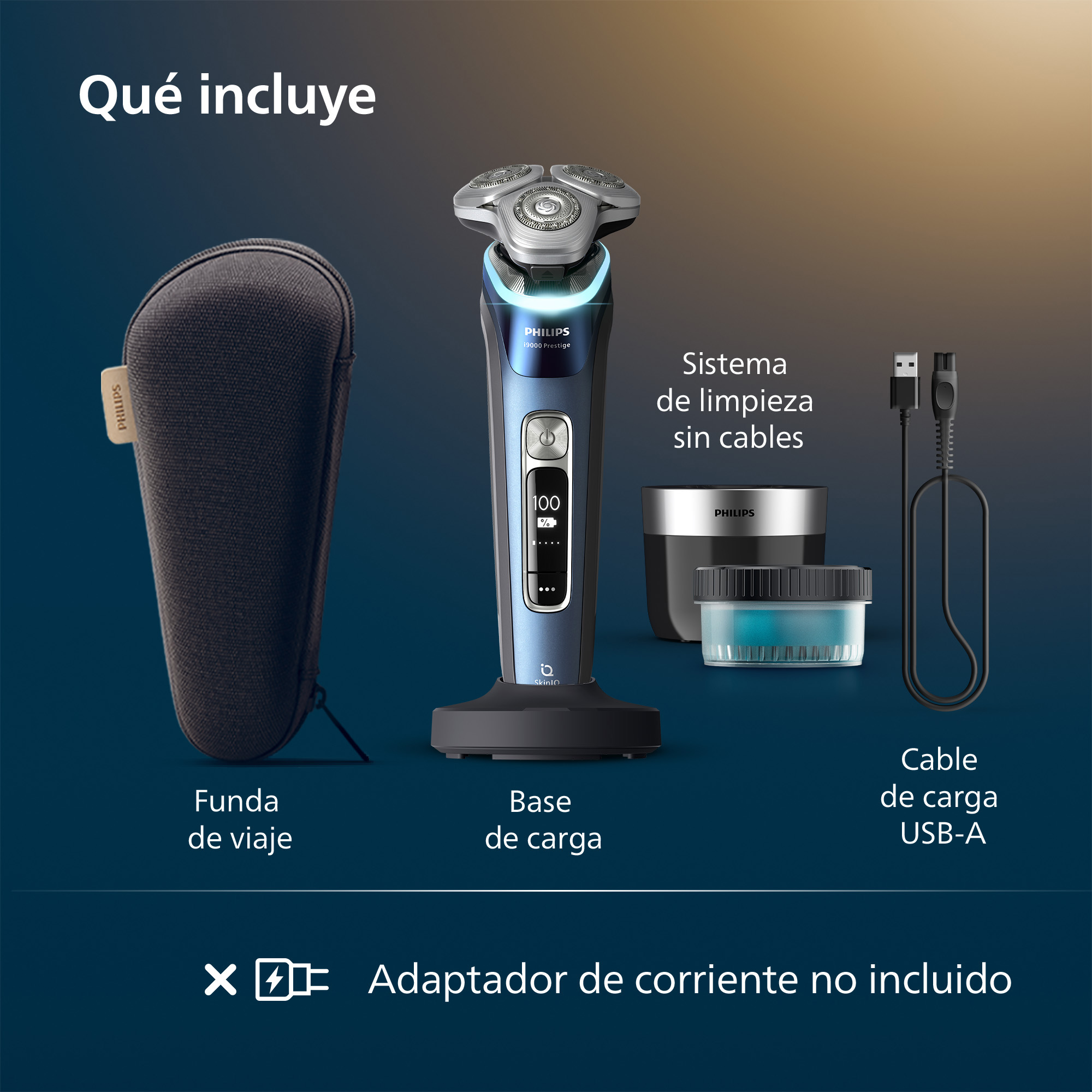 Afeitadora Philips con estuche de viaje, base de carga, cable USB-A y sistema de limpieza. Adaptador no incluido.