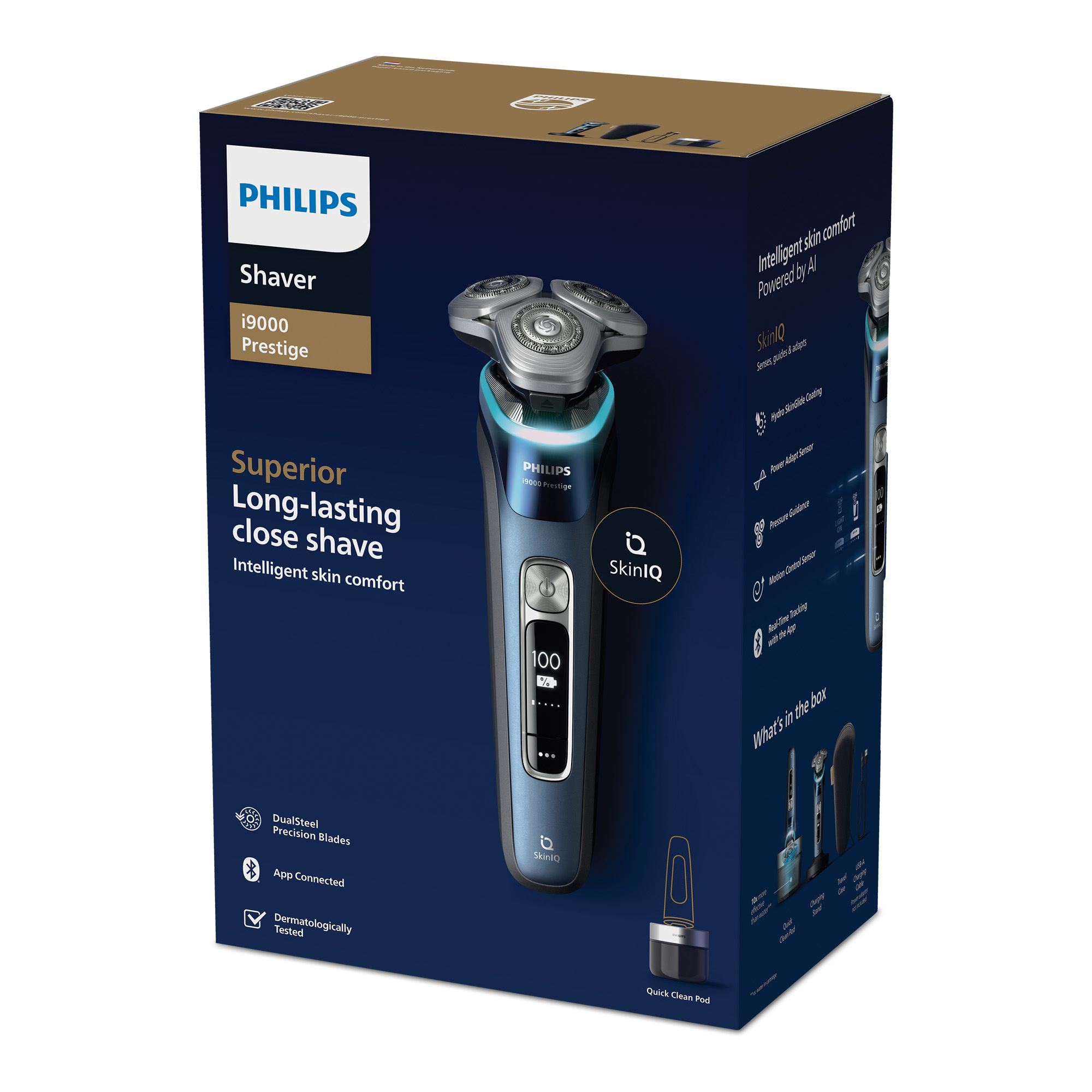 Una caja de afeitadora Philips i9000 Prestige. La afeitadora se muestra delante de la caja. El texto en la caja incluye características y beneficios.