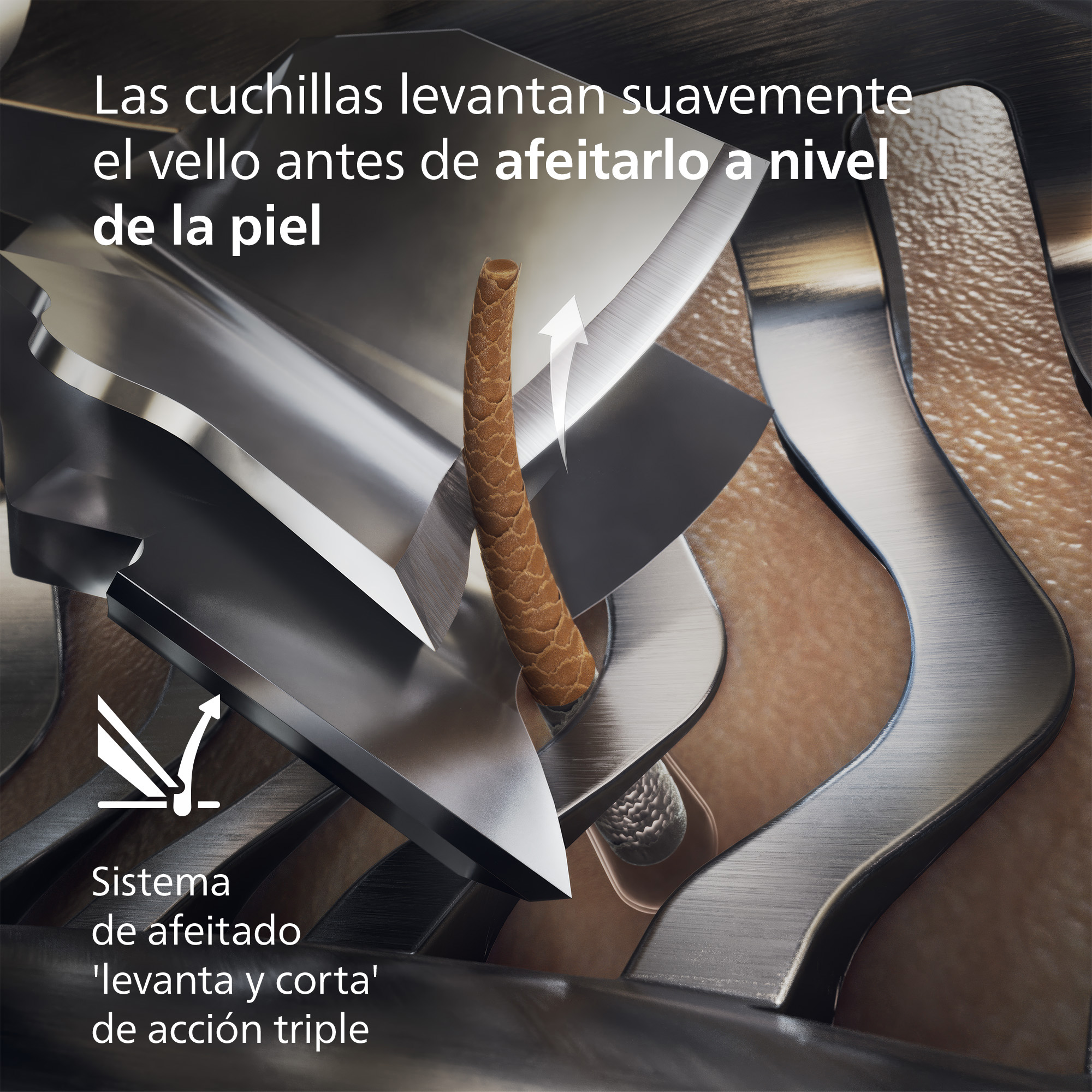 Primer plano de una cuchilla de afeitar levantando un pelo antes de afeitar. Cuchillas metálicas, un pelo y piel son visibles.