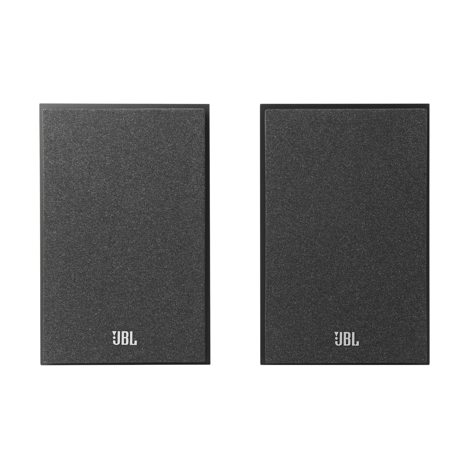 Due altoparlanti JBL neri rettangolari su sfondo bianco. Ogni altoparlante ha il logo JBL in basso.