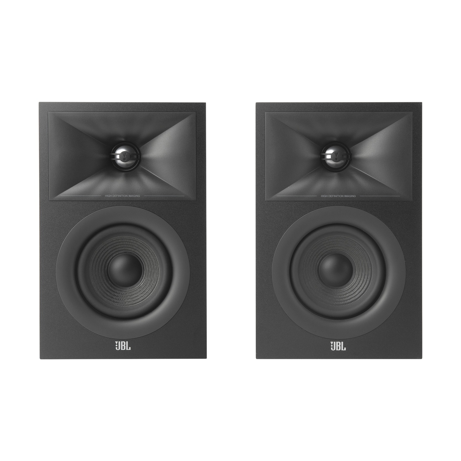 Due altoparlanti JBL neri su sfondo bianco. Ognuno ha un tweeter e un woofer. Il logo JBL è in basso.