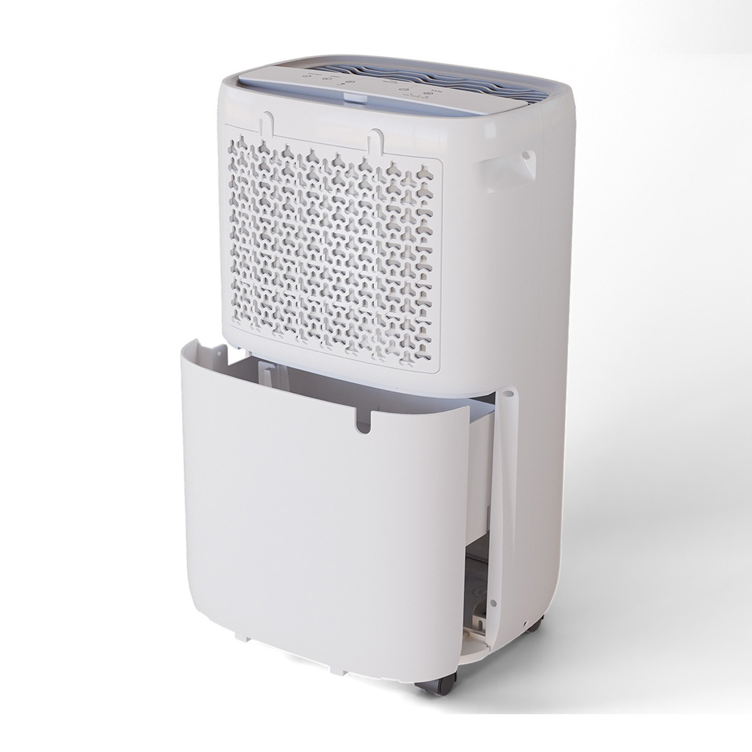 Un deumidificatore bianco con la parte anteriore aperta. Ha una griglia a motivi e un serbatoio dell'acqua estraibile, su sfondo bianco.