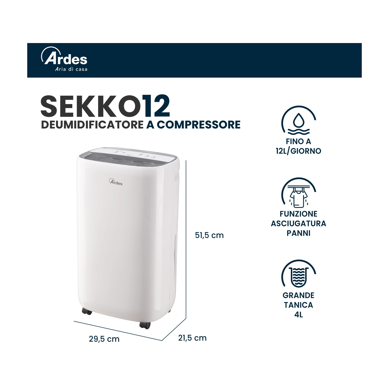 Deumidificatore bianco Ardes Sekko12 con specifiche, tra cui 12L/giorno, funzione asciugatura e serbatoio 4L. Dimensioni: 51,5x29,5x21,5cm.