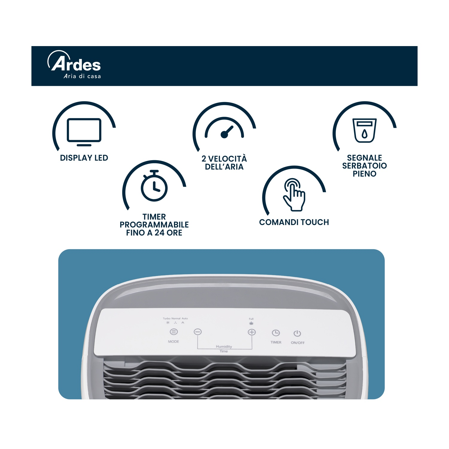 Purificatore d'aria Ardes bianco e grigio con pannello di controllo e icone. Le caratteristiche includono un display, un timer e comandi touch.
