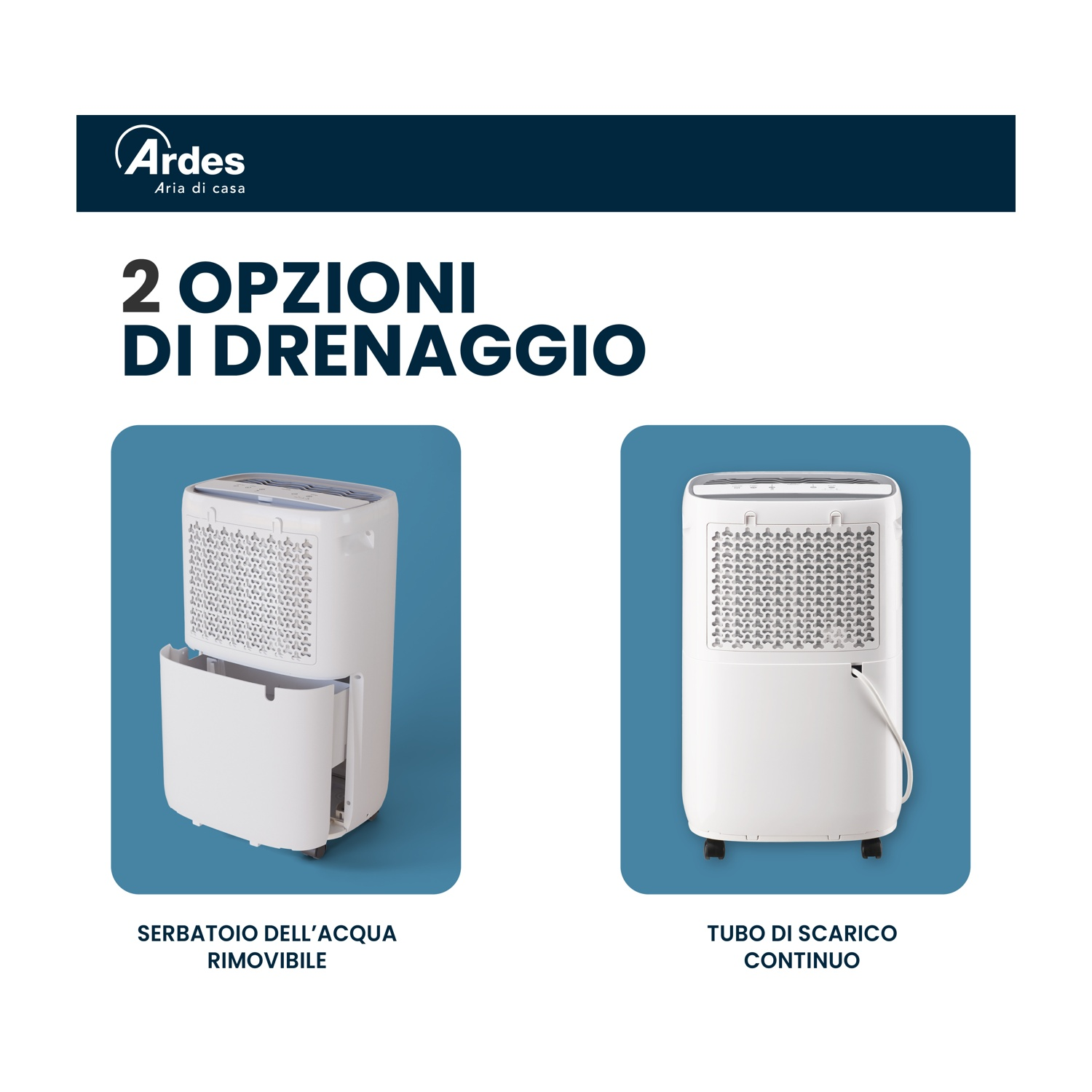 L'immagine mostra un deumidificatore bianco con due opzioni di drenaggio: serbatoio dell'acqua rimovibile e tubo di scarico continuo.