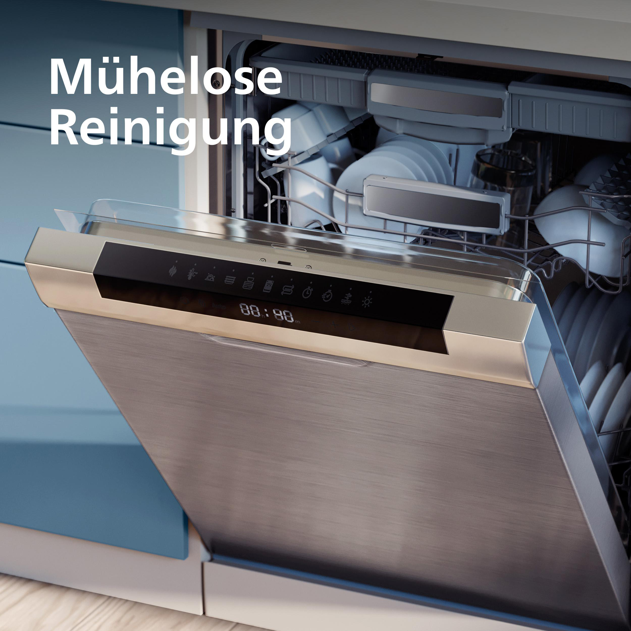 Eine offene Spülmaschine mit Geschirr. Die Tür ist offen und gibt das Innere und das Bedienfeld frei. Der Text 'Mühelose Reinigung'.