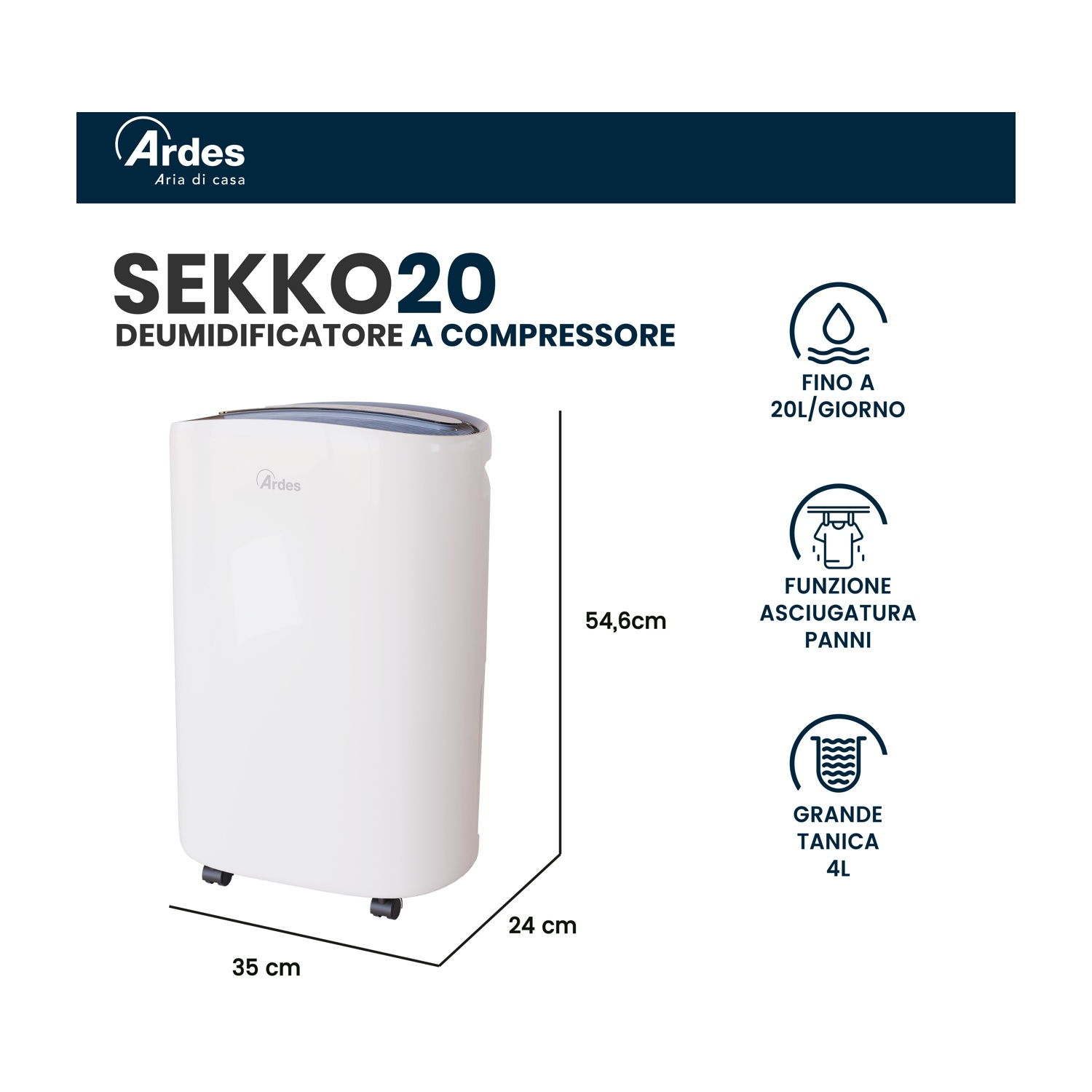 Un deumidificatore bianco con ruote nere. Il testo indica che rimuove fino a 20L/giorno, ha una funzione di asciugatura e un serbatoio da 4L.