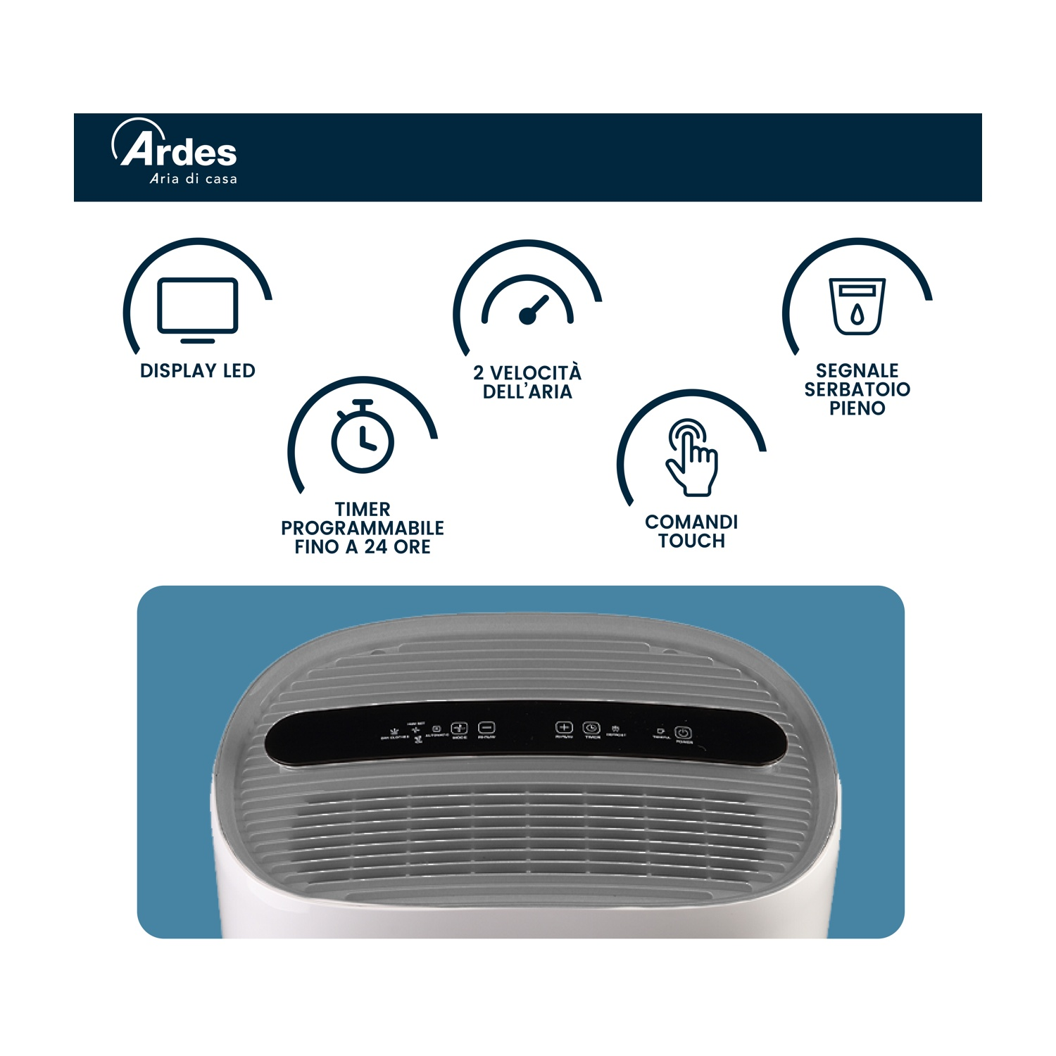 Un purificatore d'aria con icone e testo sul pannello di controllo. Include display, timer, comandi touch e indicatori della qualità dell'aria.