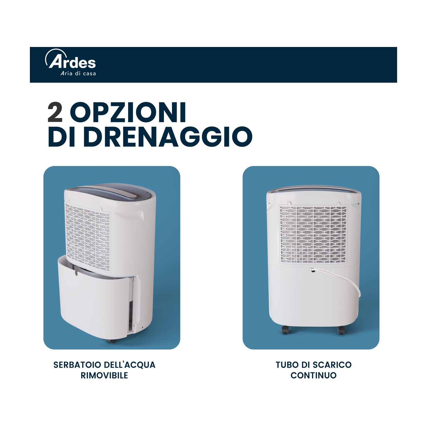 L'immagine mostra due deumidificatori bianchi con diverse opzioni di drenaggio: serbatoio dell'acqua rimovibile e tubo di scarico continuo.