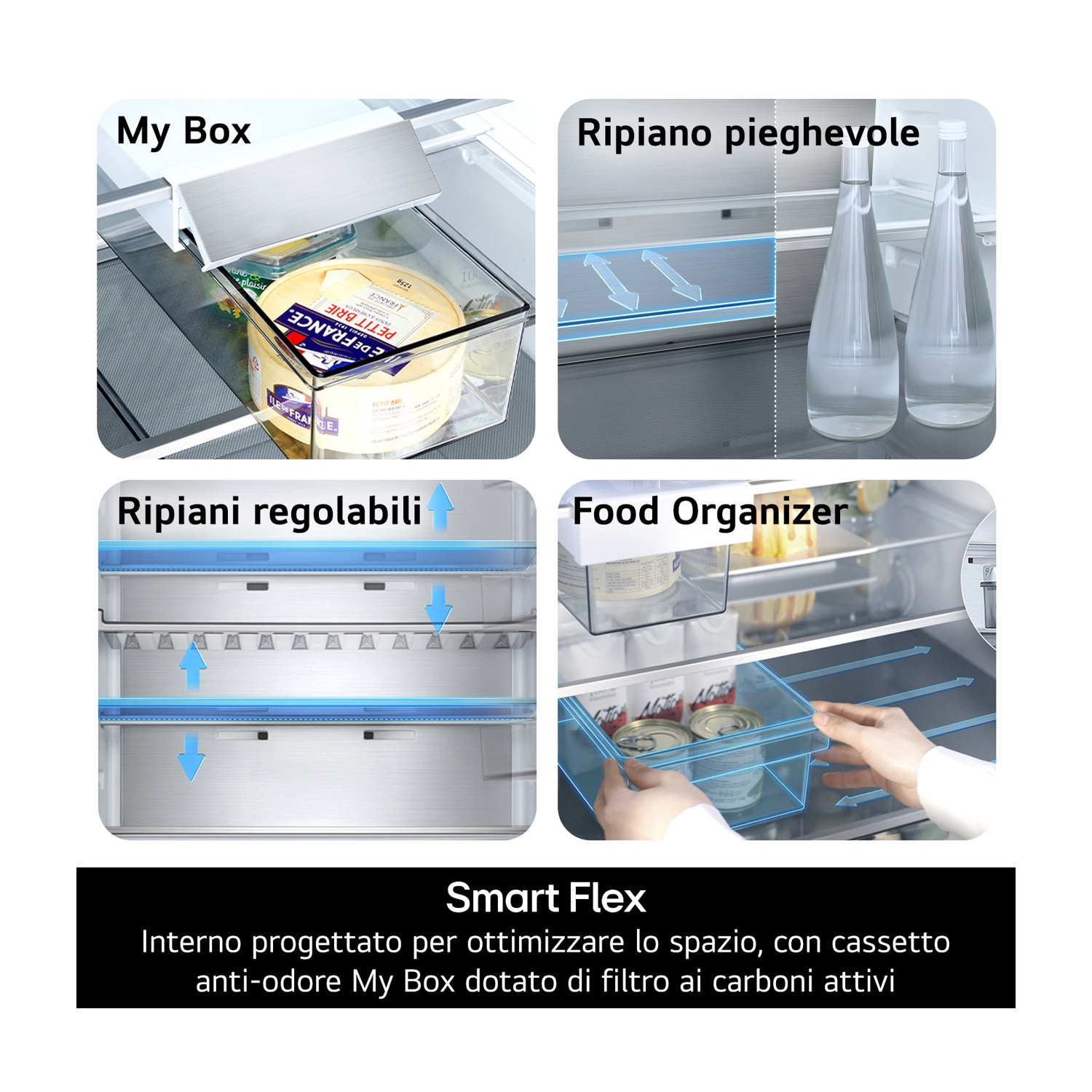 Scomparti frigorifero: My Box con formaggio, ripiano pieghevole con bottiglie d'acqua, ripiani regolabili e organizer per alimenti con lattine.