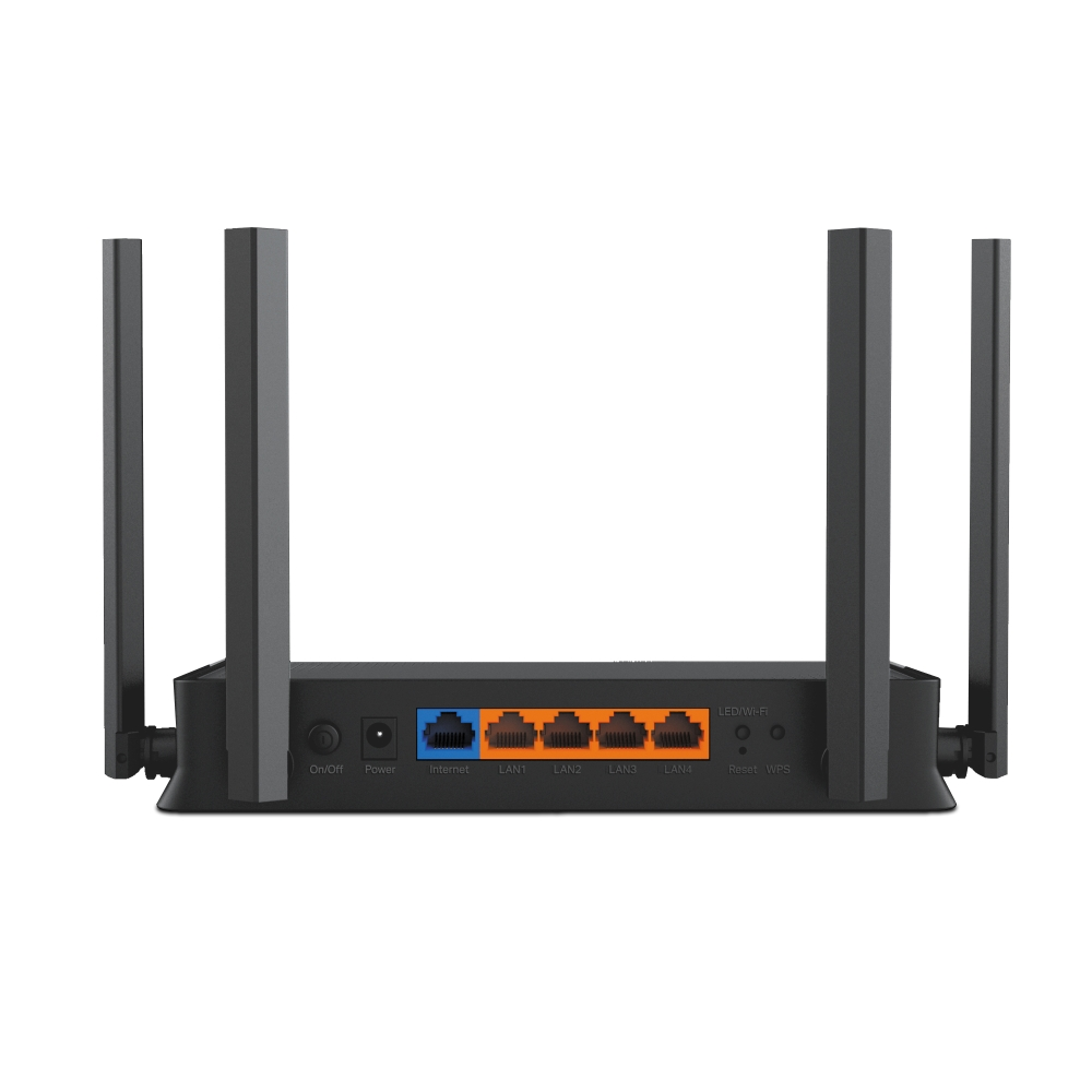 Dört antenli siyah bir yönlendirici. İnternet, LAN1-4 etiketli portları ve düğmeleri var. Güç ve LED/Wi-Fi ışıkları görünür.