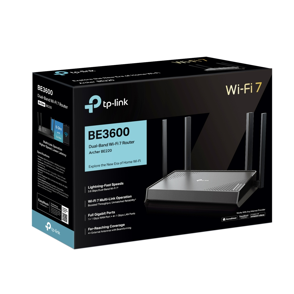 Bir TP-Link BE3600 Wi-Fi 7 yönlendirici kutusu. 4 antenli yönlendiriciyi gösterir. Özellikler arasında yüksek hızlar ve çoklu bağlantı operasyonu bulunur.