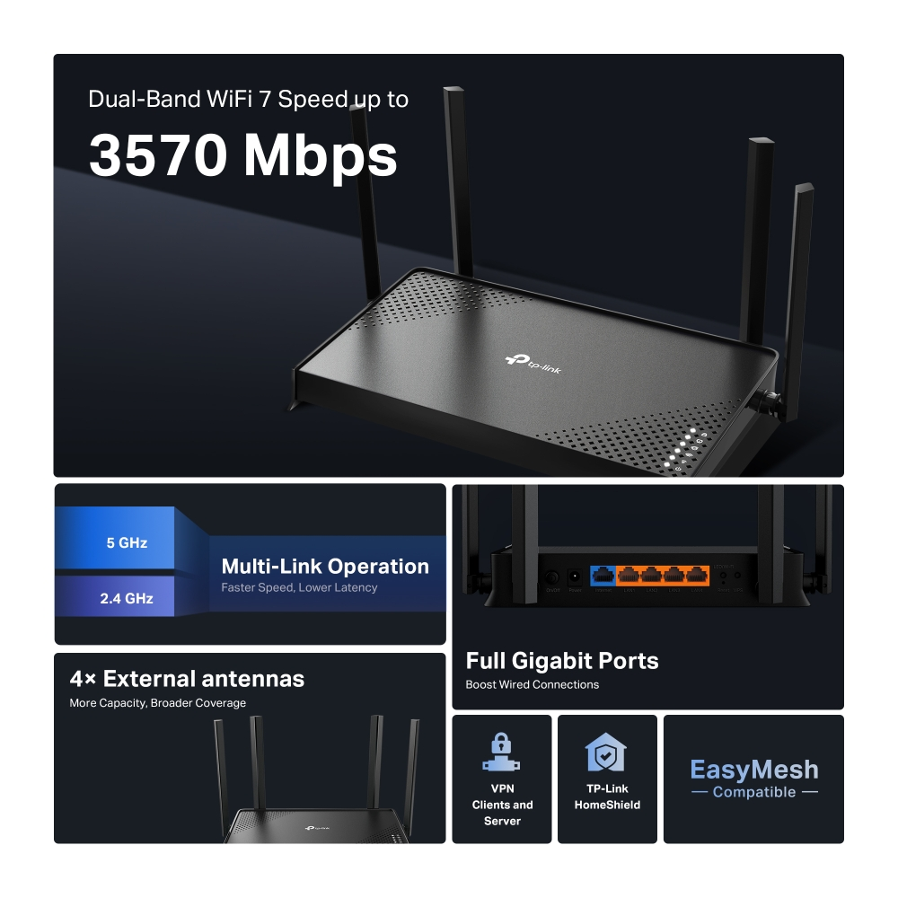 TP-LINK Archer BE220, 3600Mbps, Fiber Destekli, 5×1Gbps Port, Easy