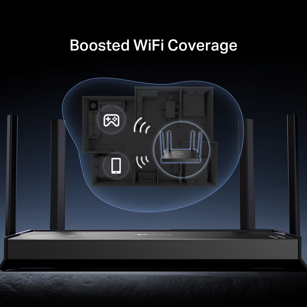 Antenli siyah bir yönlendirici, bir ev düzeninde Wi-Fi kapsama alanını gösteriyor. Oyun konsolu ve akıllı telefon simgelerini gösterir.