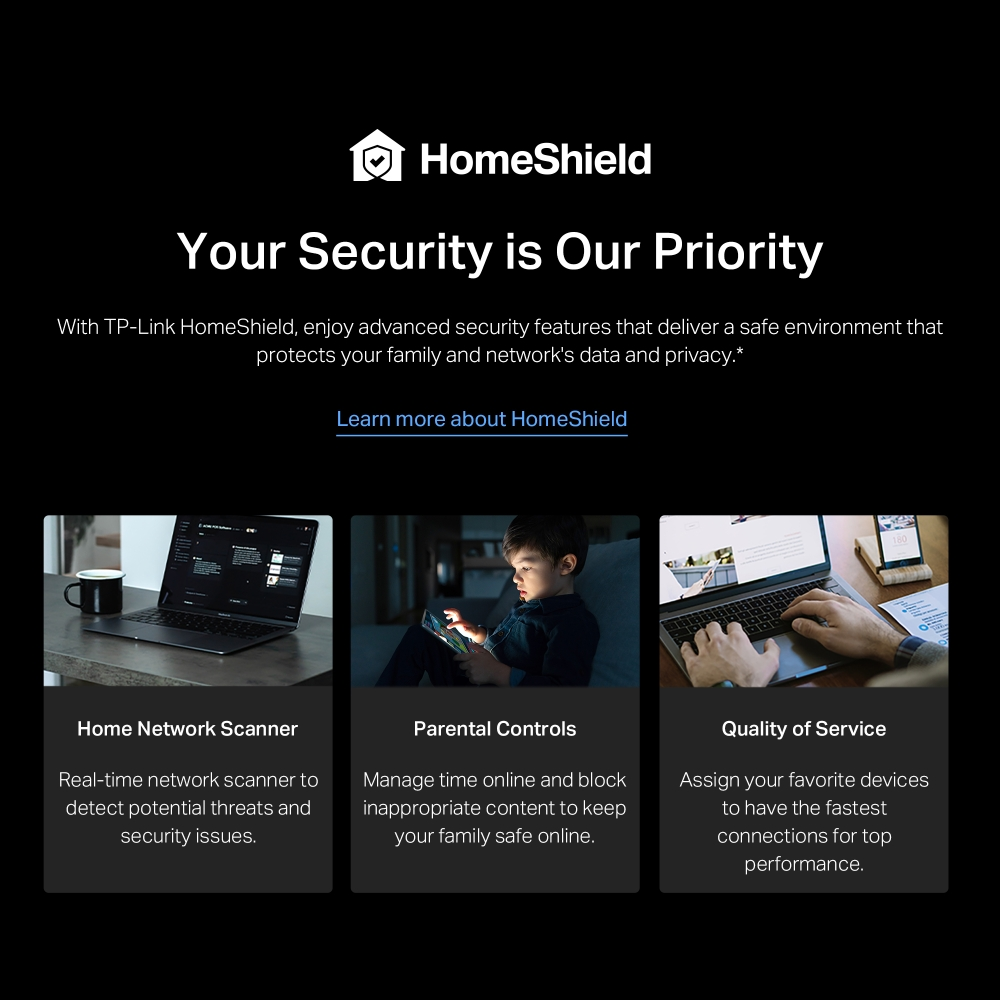 HomeShield logosu ve metin: Güvenliğiniz Önceliğimizdir. Özellikler: ağ tarayıcı, ebeveyn denetimleri, hizmet kalitesi.