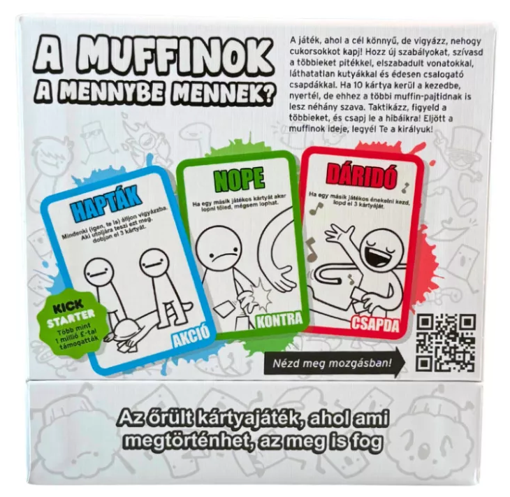 Kártyajáték doboza rajzfilmfigurákkal. Szöveg magyarul. Akciók és szabályok kártyái láthatók.