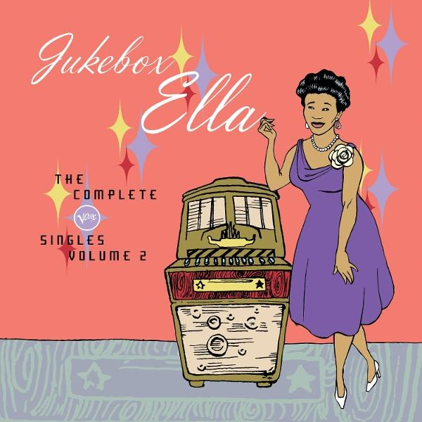 Albumcover: "Jukebox Ella". Frau in lila Kleid, weiße Schuhe, neben einer Jukebox. Rosa Hintergrund mit Sternen.