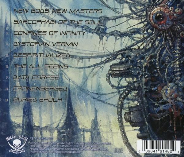 Albumcover-Kunst mit detailliertem, abstraktem, biomechanischem Design in Blau- und Weißtönen. Text listet Songtitel und Metal Blade-Logo auf.