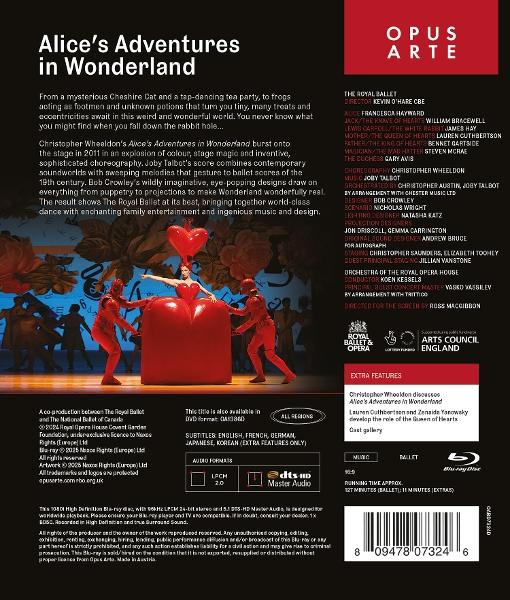 Rückseite der Blu-ray-Disc des Alice im Wunderland-Balletts. Enthält Besetzung, Synopsis und Details.