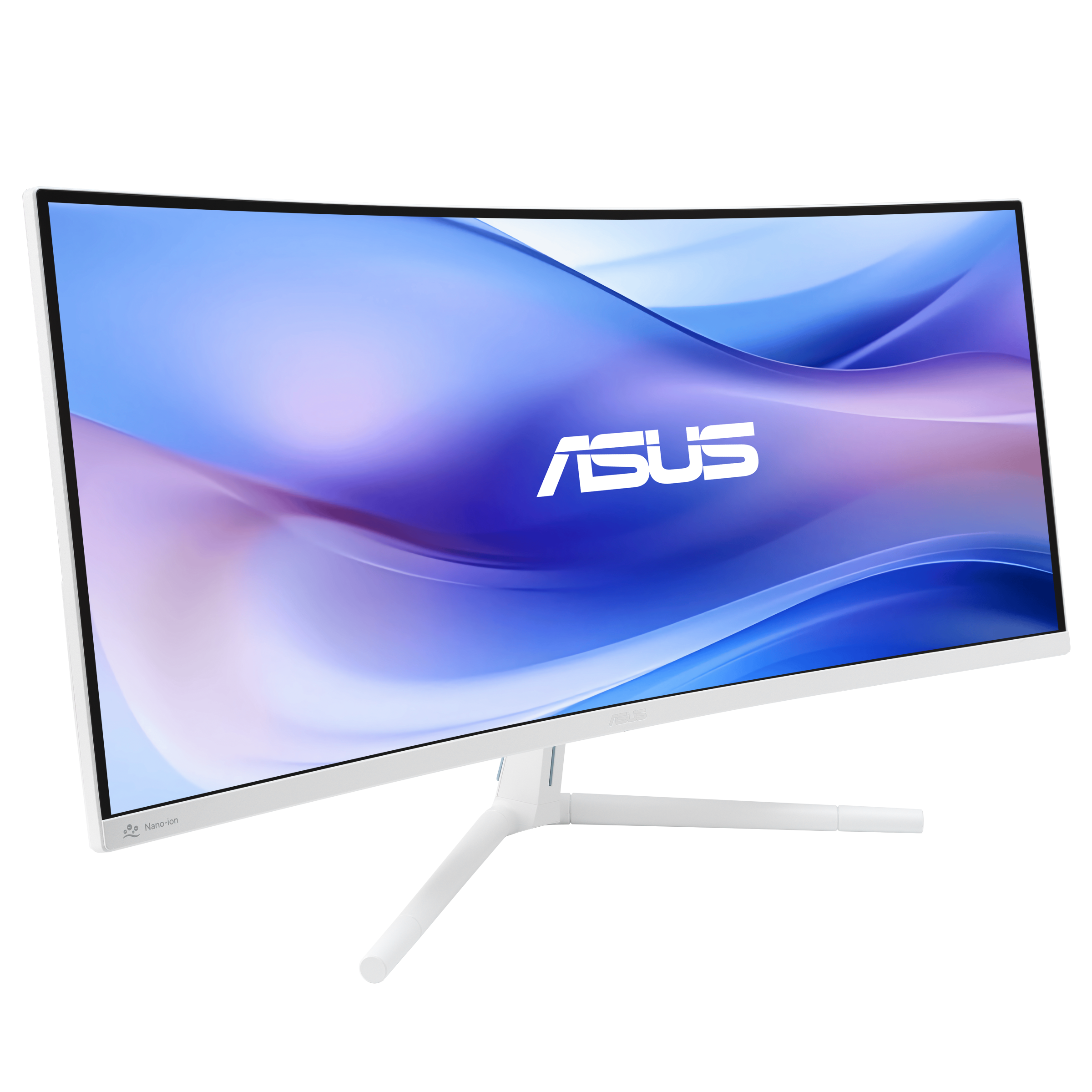 Fehér, ívelt ASUS monitor. A képernyő kék és lila absztrakt dizájnt jelenít meg. Fehér állványon áll.