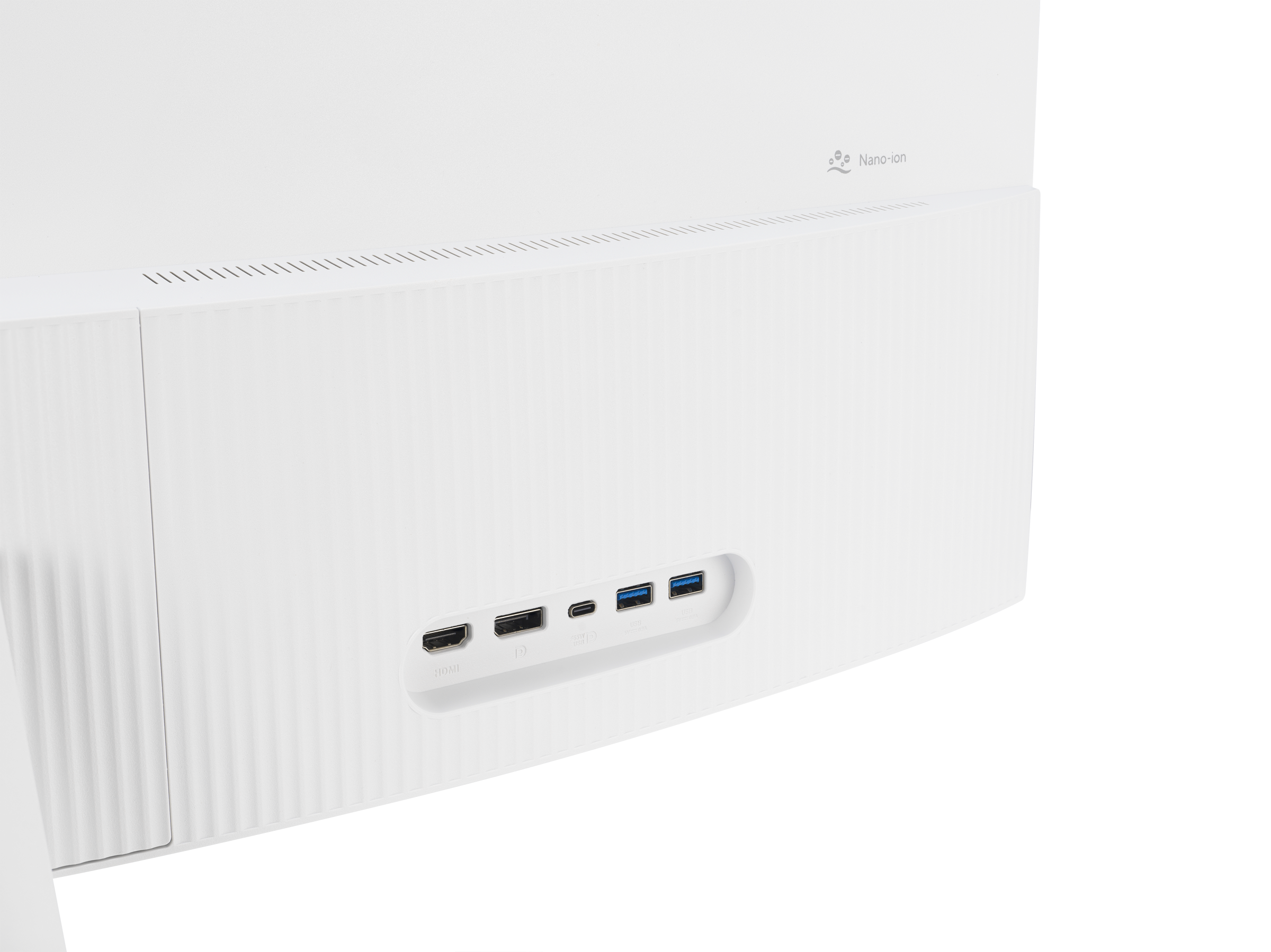 Fehér monitor hátulja, portokkal. HDMI, USB. Nano-ion logó látható.