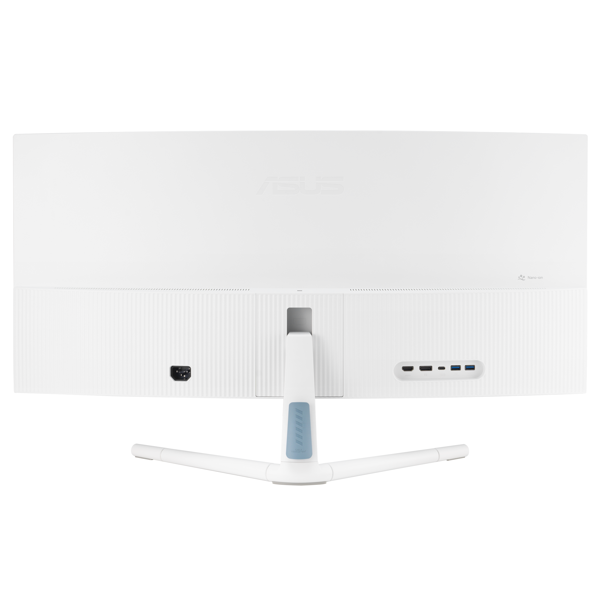 Egy fehér számítógép monitor hátulnézete, állvánnyal. Tápcsatlakozóval, több bemeneti porttal és az ASUS logóval.