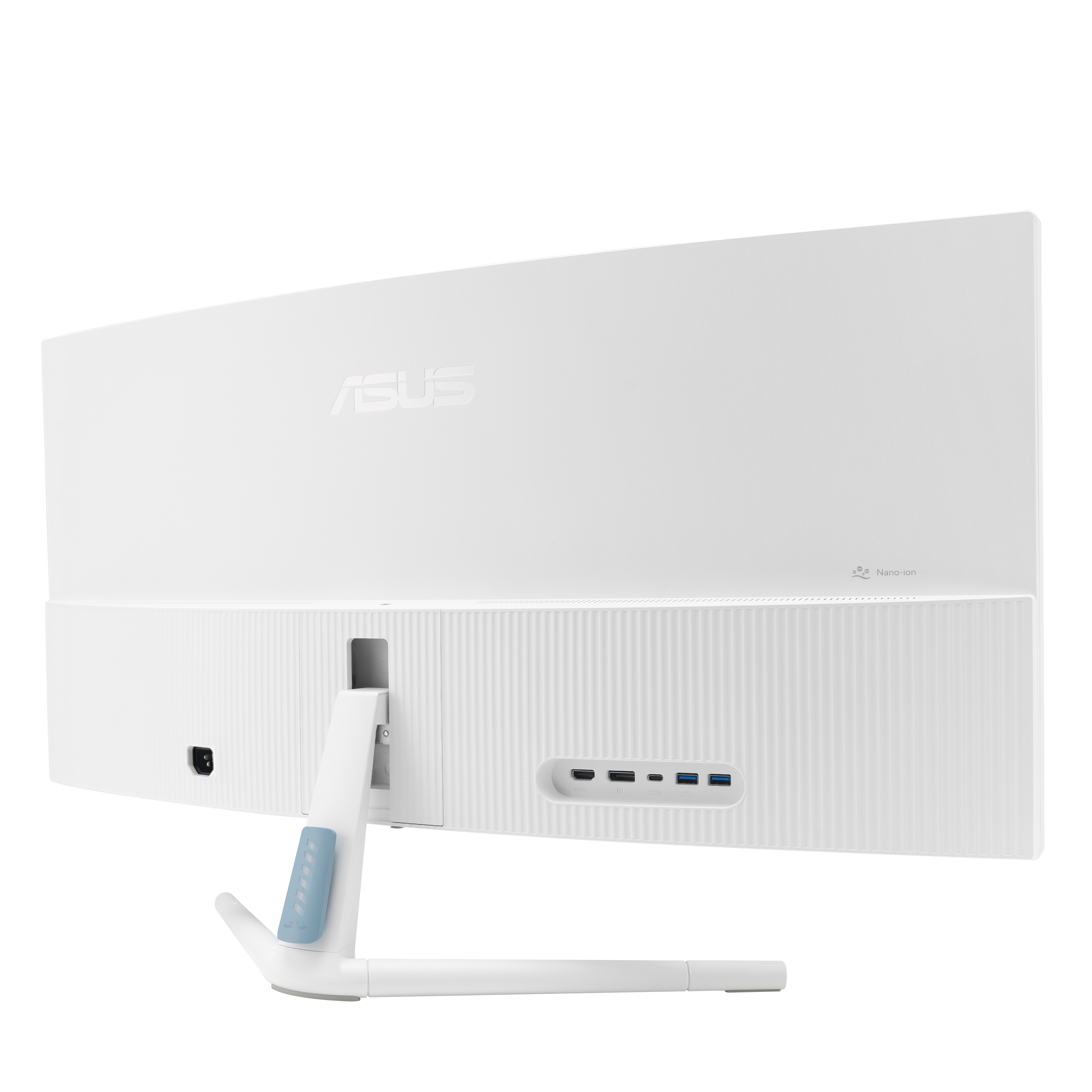 Fehér Asus monitor hátlap. Állvánnyal és portokkal rendelkezik. A logó látható. A dizájn letisztult.
