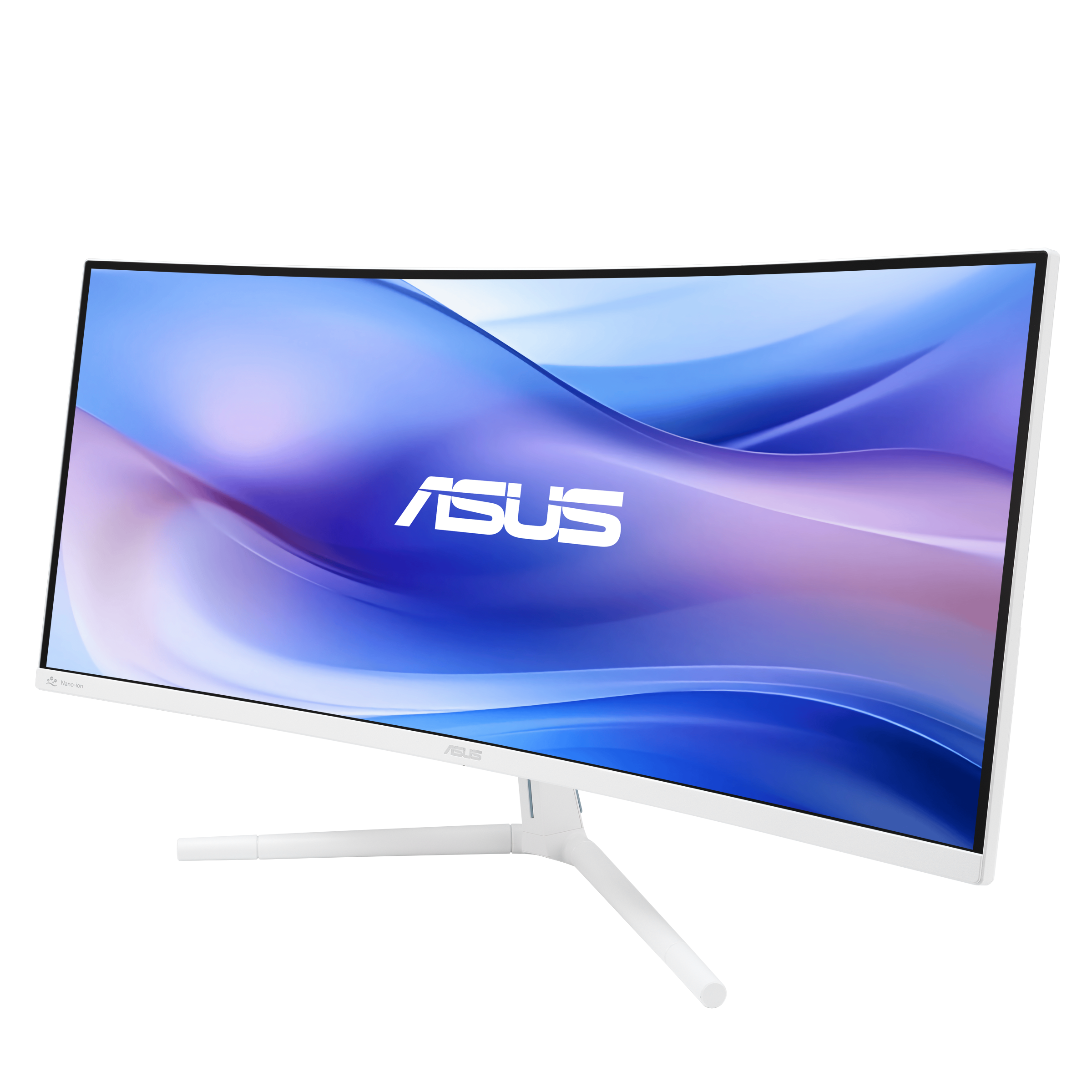 Egy fehér, ívelt ASUS monitor kék és lila absztrakt hátteret jelenít meg. A monitor egy fehér asztalon áll.
