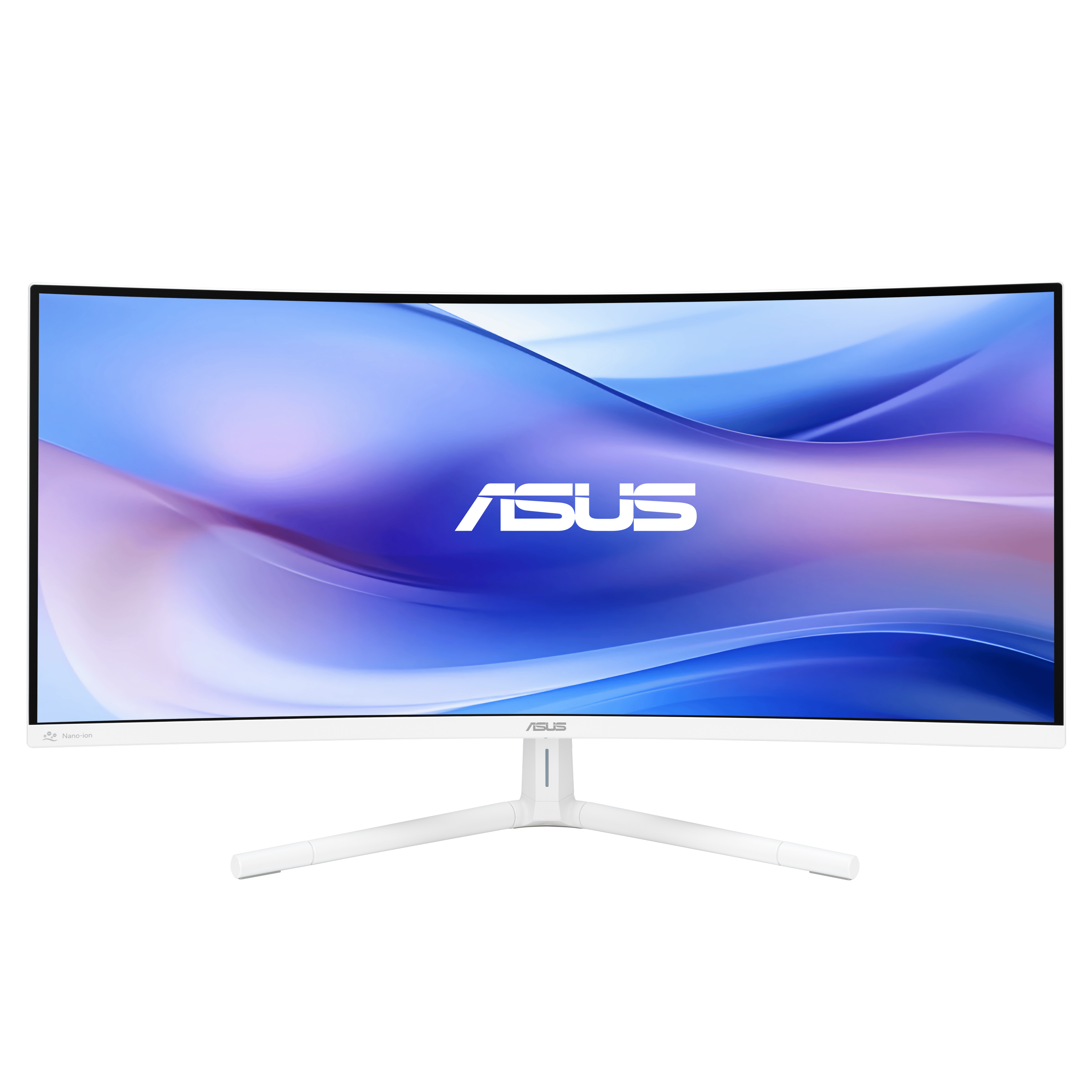 Fehér ívelt ASUS monitor. A kijelző kék és lila absztrakt dizájnt mutat. Fehér állvány ASUS logóval.