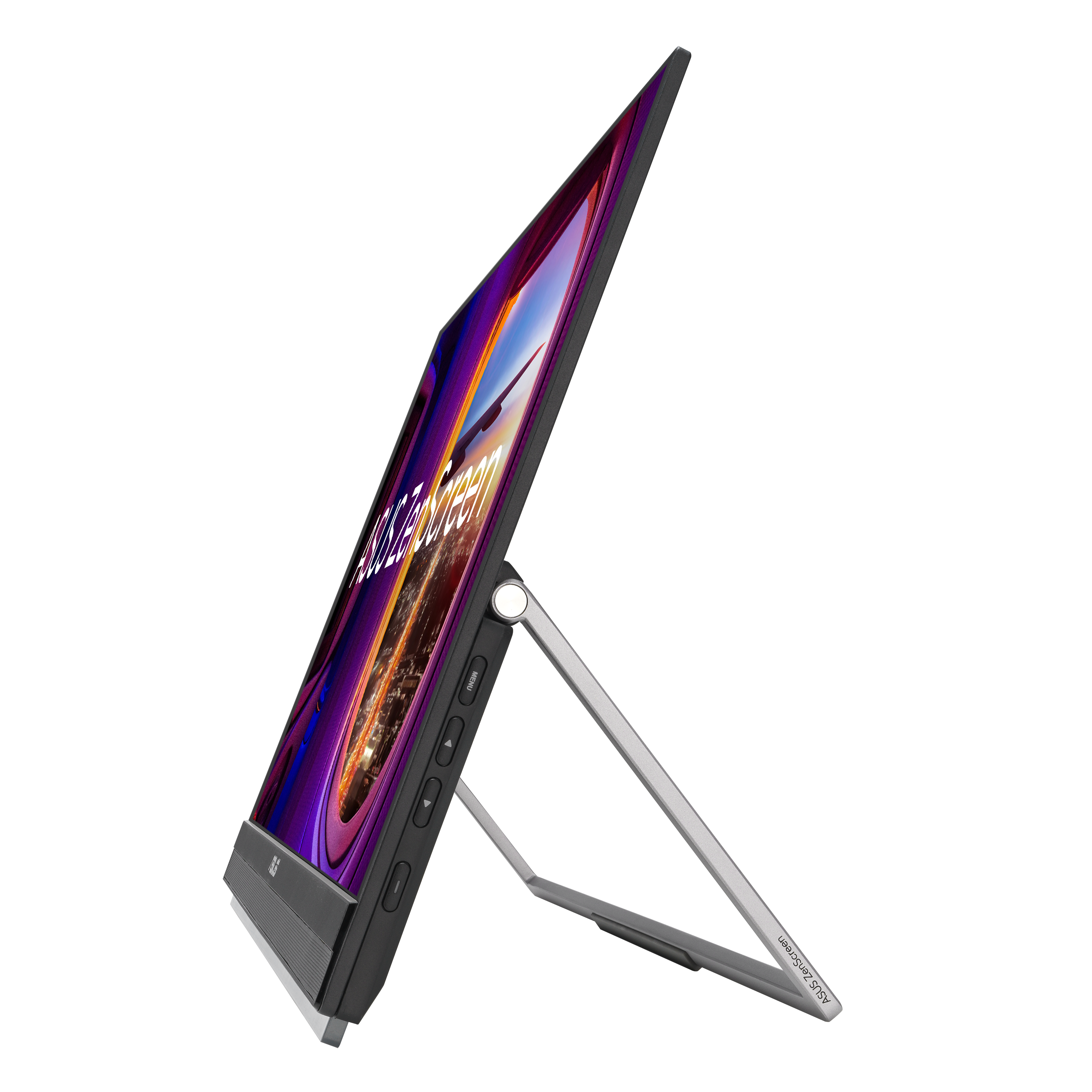 Egy karcsú, fekete ASUS ZenScreen monitor szögben áll, színes képernyőt mutatva. Ezüst állvánnyal van megtámasztva, fehér felületen.