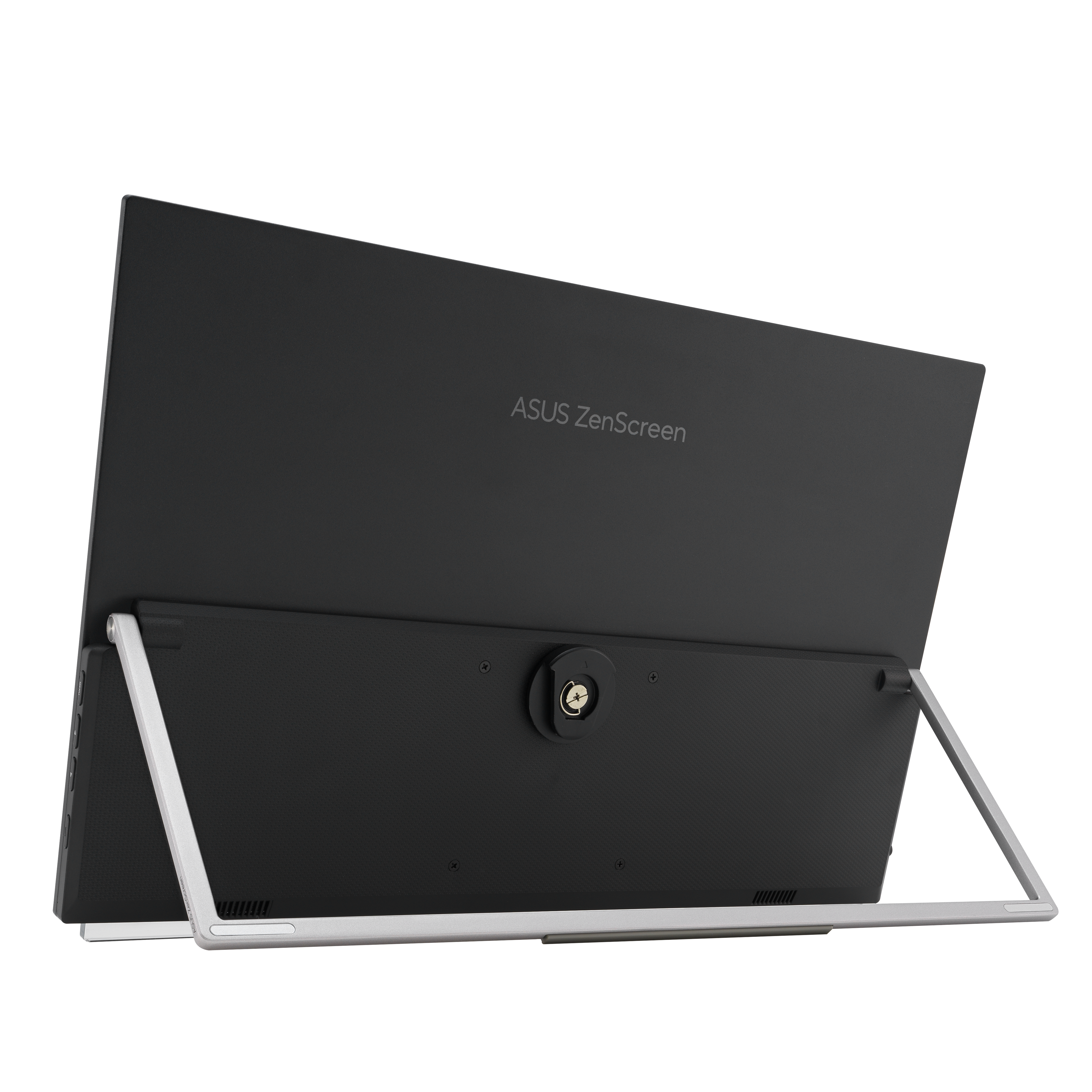 Egy ASUS ZenScreen monitor hátulja. Fekete, ezüst állvánnyal. Az ASUS logó látható.