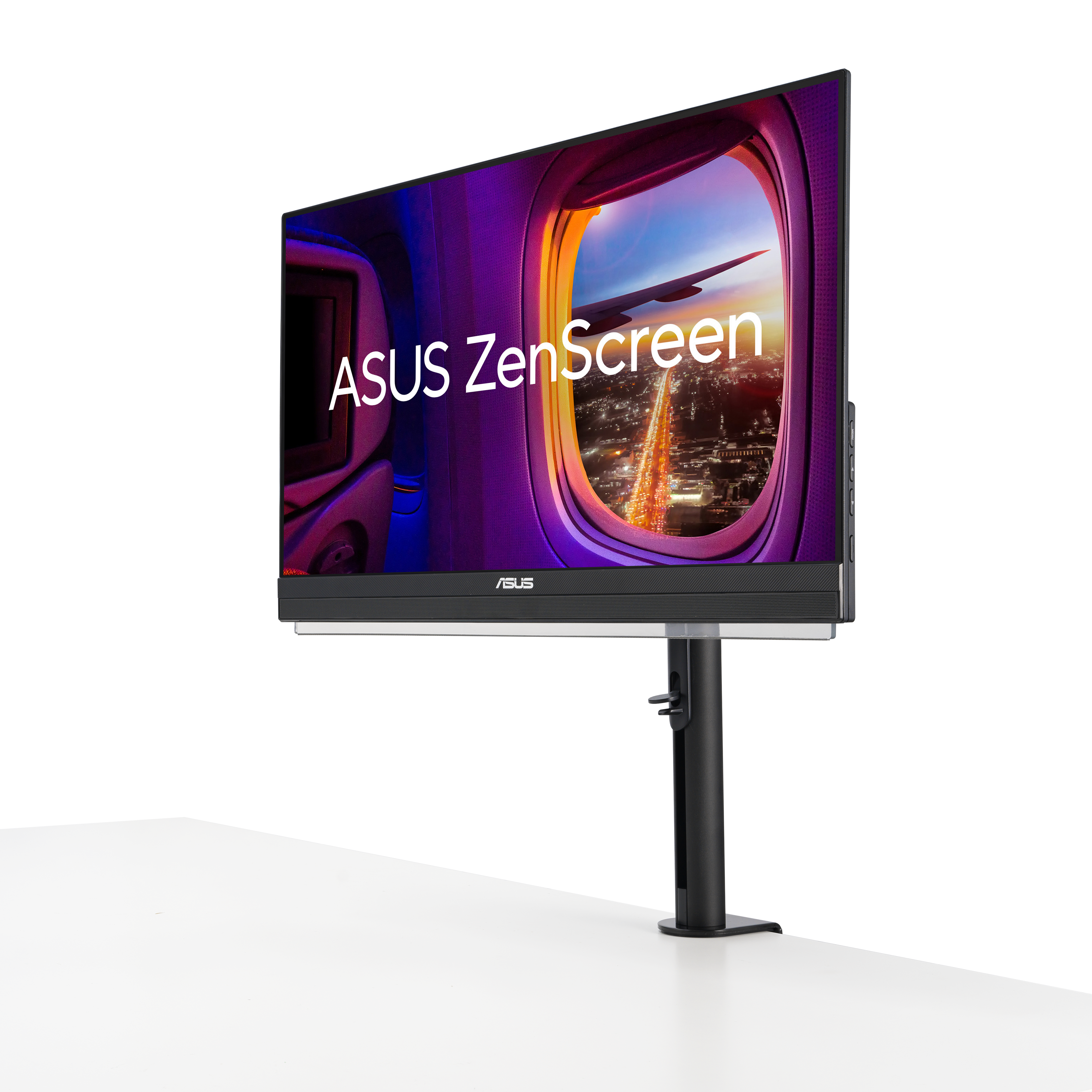 Egy fekete ASUS ZenScreen monitor repülőgép ablakát mutatja. Fekete állványon, fehér háttér előtt van.