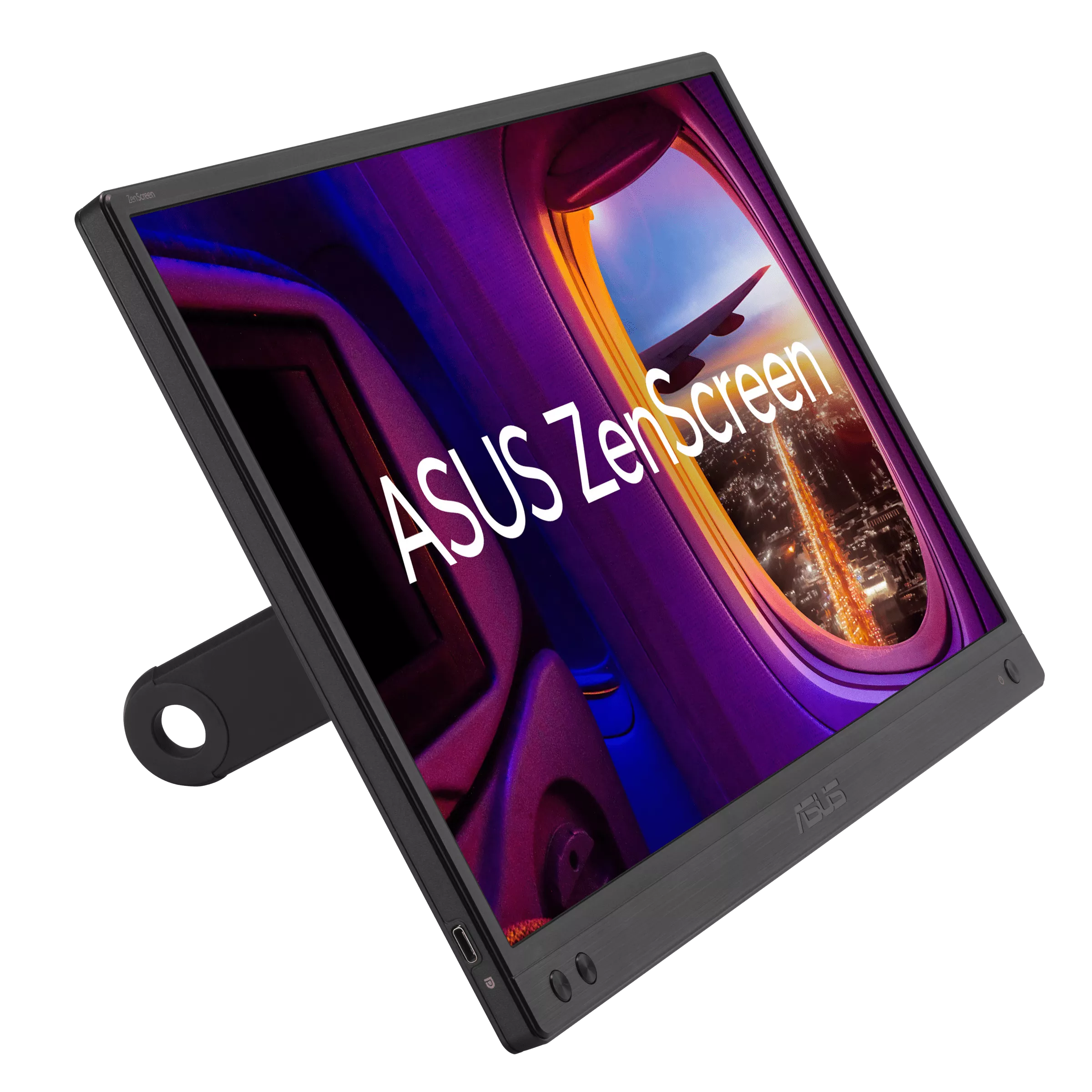 Ein ASUS ZenScreen-Monitor zeigt eine farbenfrohe Stadtlandschaft durch ein Flugzeugfenster. Der Monitor ist schwarz, abgewinkelt auf einem schwarzen Ständer.