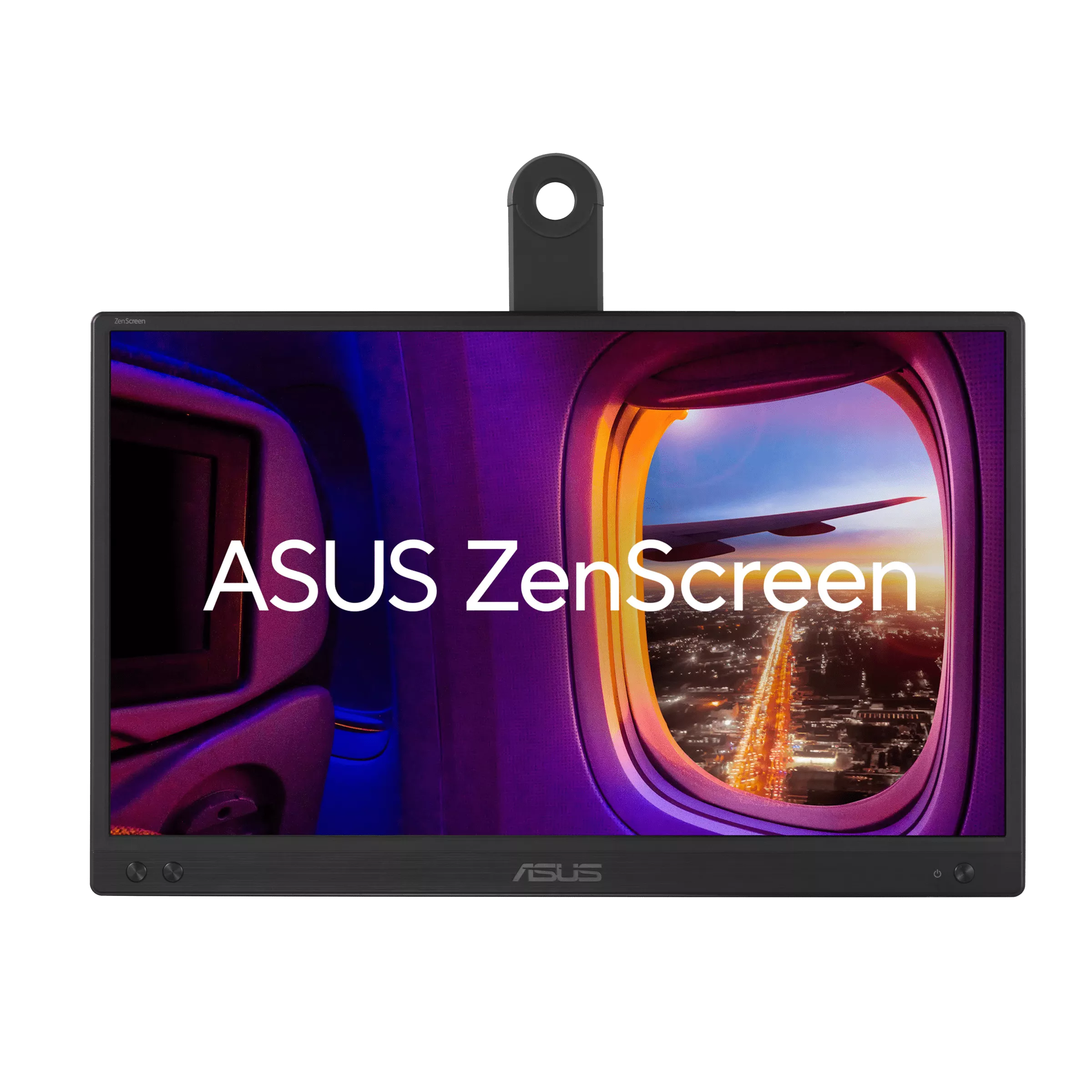 Ein ASUS ZenScreen-Monitor zeigt eine Flugzeugfensteransicht einer Stadt bei Nacht. Der Monitor hat einen schwarzen Rahmen.