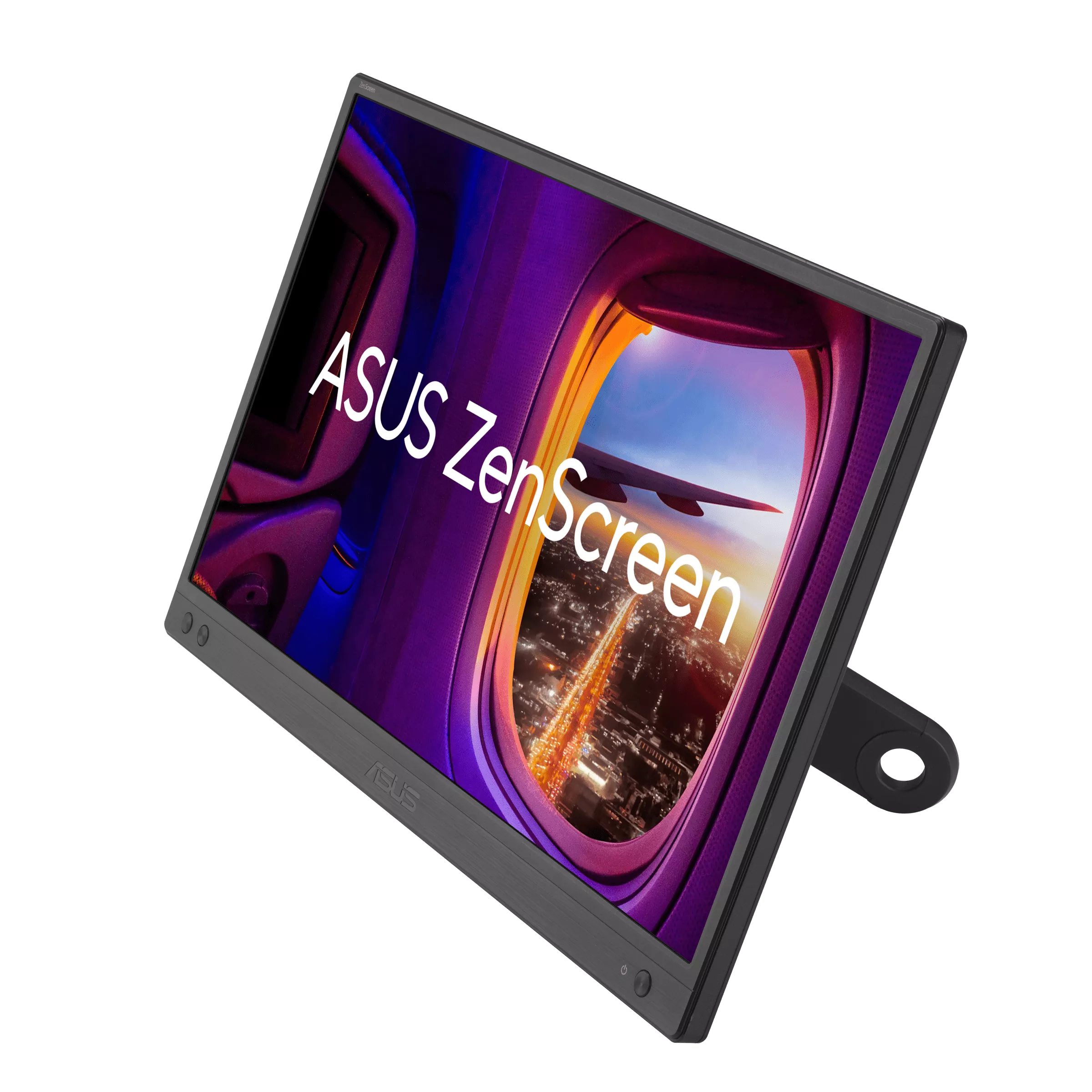 ASUS ZenScreen-Monitor zeigt eine Flugzeugfensteransicht einer Stadt bei Nacht. Der Monitor befindet sich auf schwarzem Grund.