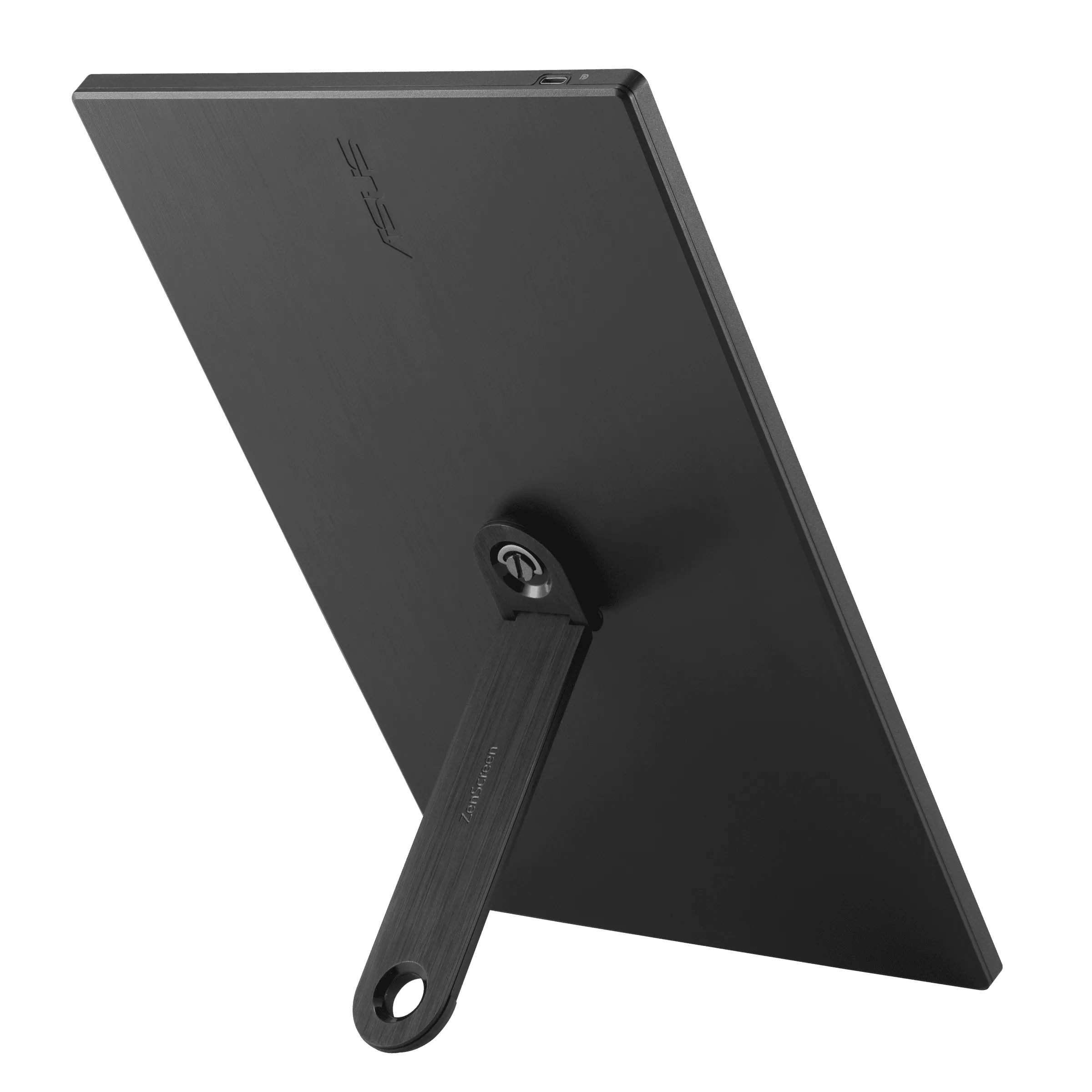 Schwarzer tragbarer ASUS ZenScreen-Monitor. Er ist abgewinkelt, mit einem Ständer, auf schwarzem Hintergrund.