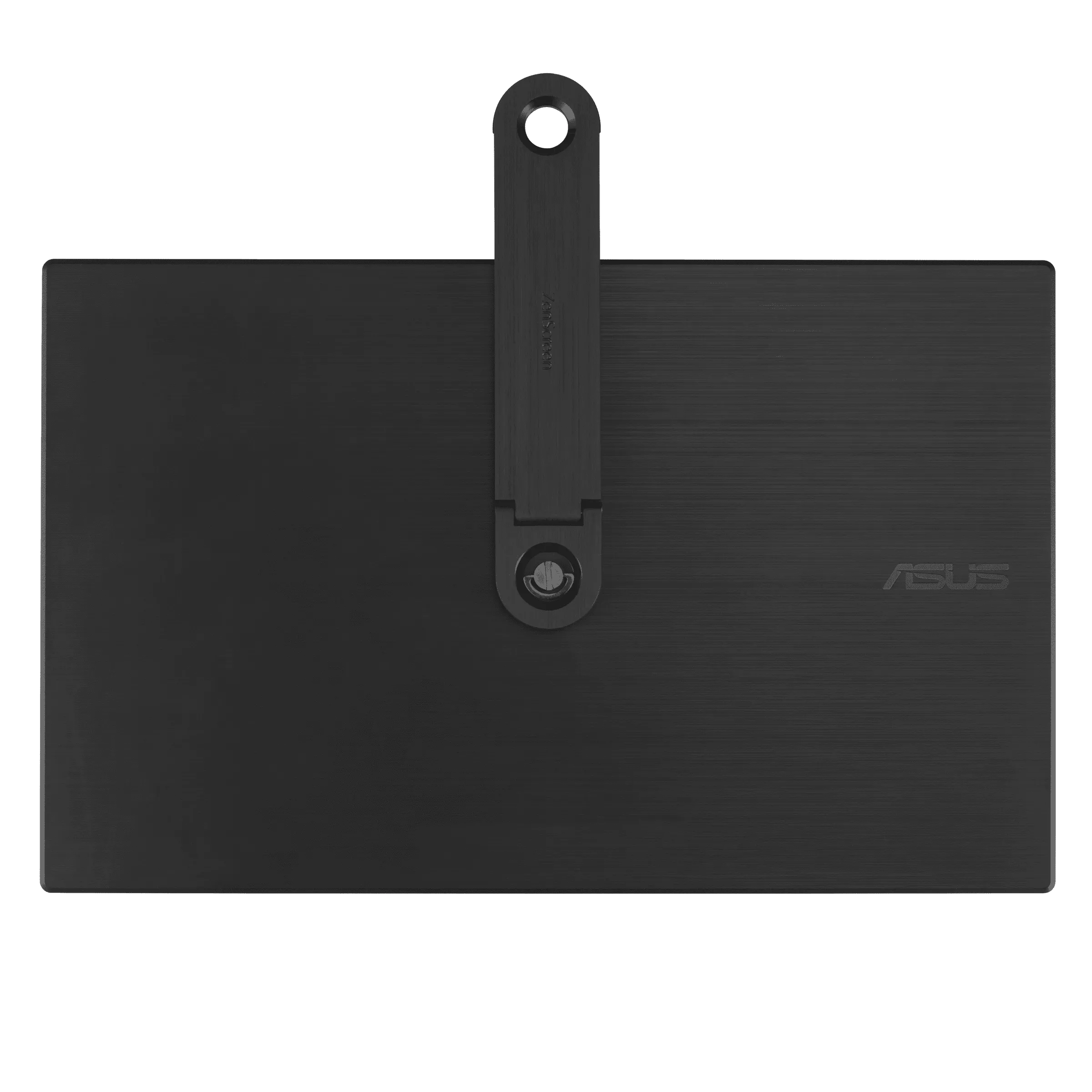 Ein schwarzer Asus ZenScreen mit Ständer. Der Bildschirm hat horizontale Linien. Der Ständer ist mit einem Scharnier befestigt.