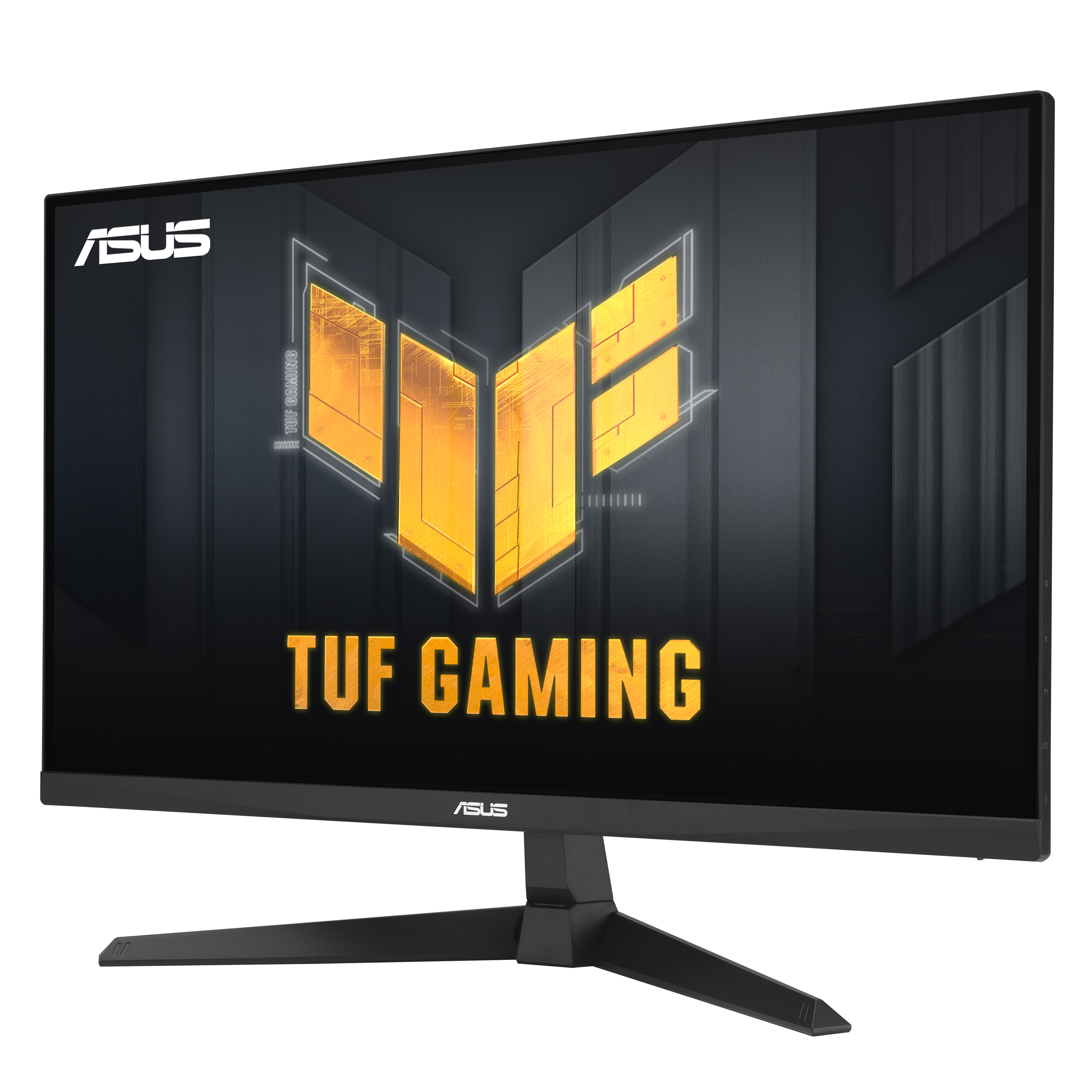 Monitor ASUS TUF Gaming. Ekran wyświetla logo TUF Gaming. Podstawa jest czarna. Tło jest czarne i szare.