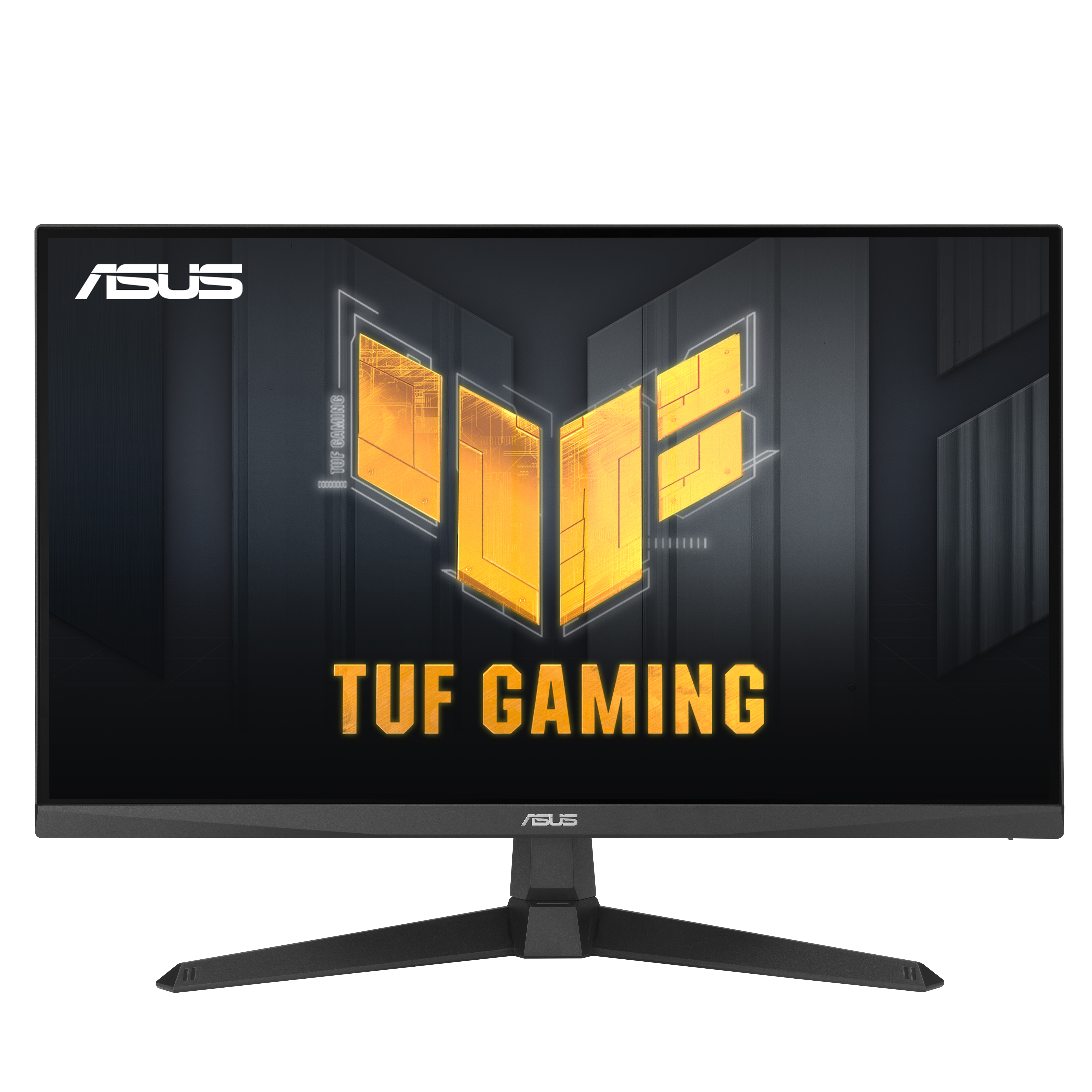 Monitor ASUS TUF Gaming. Ekran wyświetla logo i tytuł na czarnym tle.